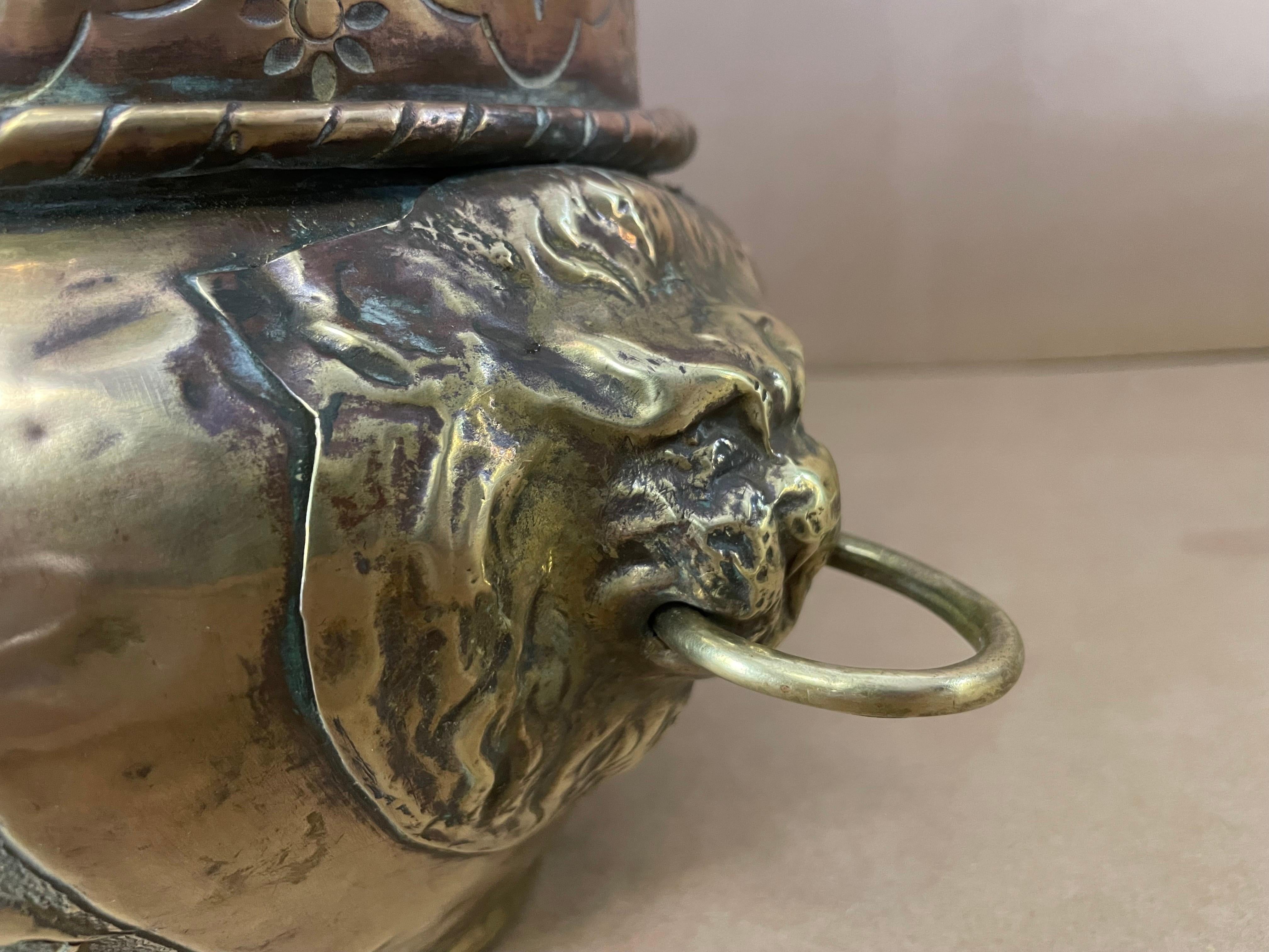 French 19th Century Baroque Brass Lion-Head Jardinière, Polished, Gold Color For Sale 4