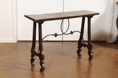 French 19th Century Baroque Walnut Console Table with Lyre Legs and Stretcher