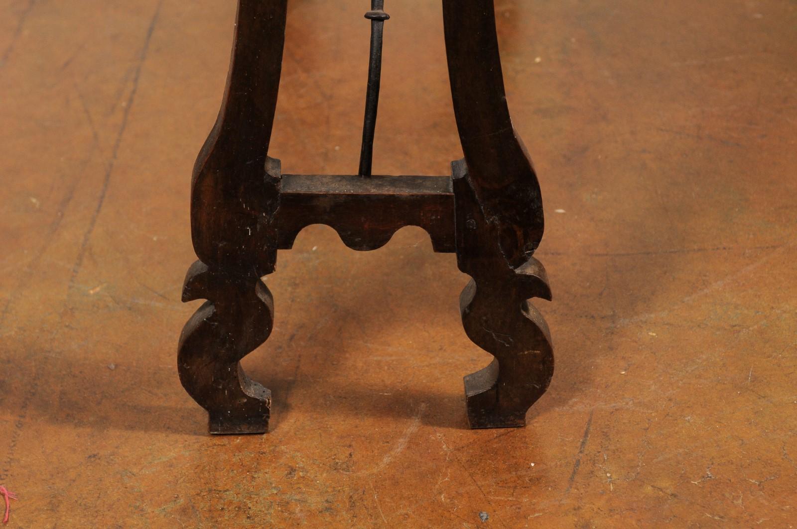 French 19th Century Baroque Walnut Console Table with Lyre Legs and Stretcher 1