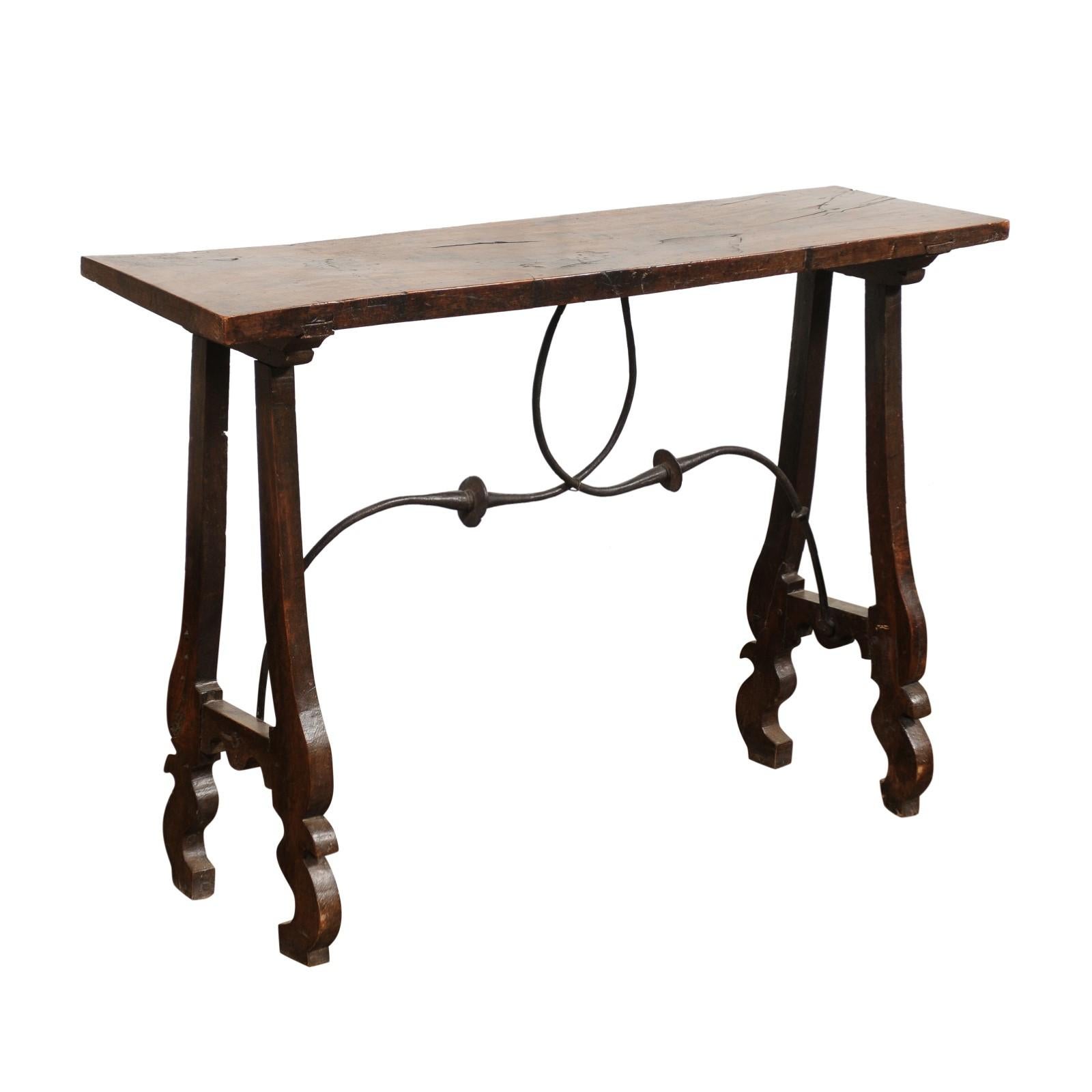 French 19th Century Baroque Walnut Console Table with Lyre Legs and Stretcher