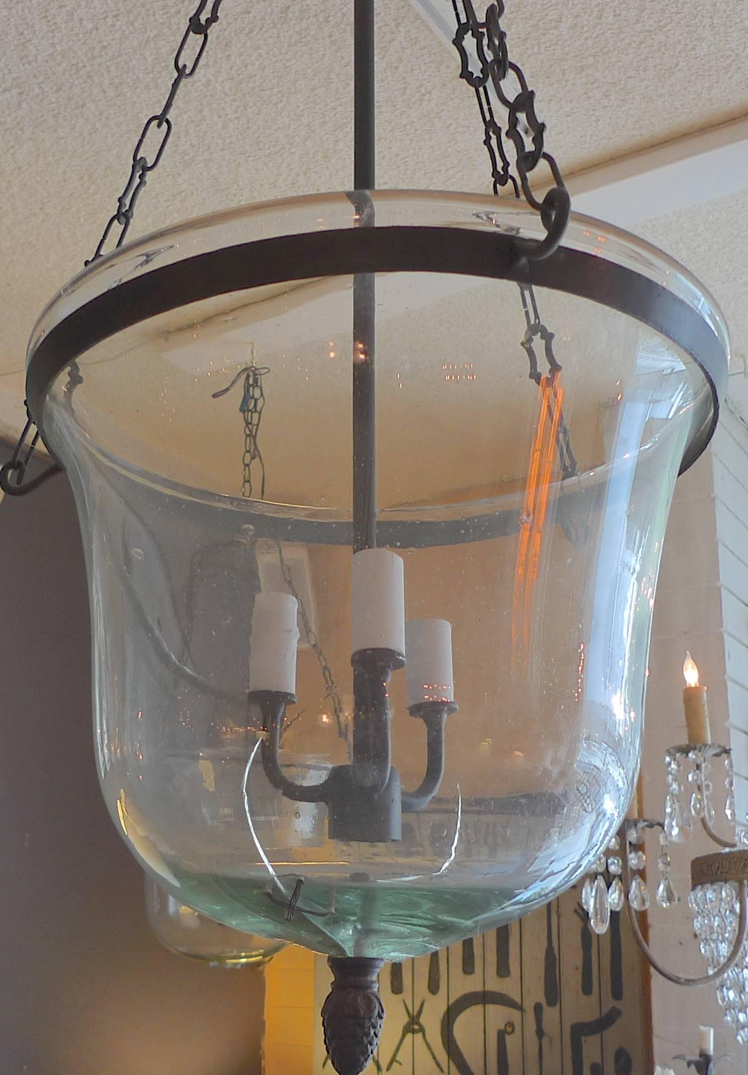 French 19th Century Bell Jar Pendant with Iron Chain Fittings and Finial In Distressed Condition In Santa Monica, CA