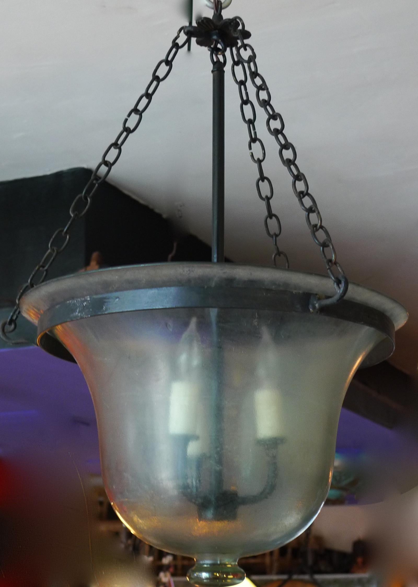 French 19th Century Bell Jar Pendant with Iron Chain Fittings and Frosted Glass 10