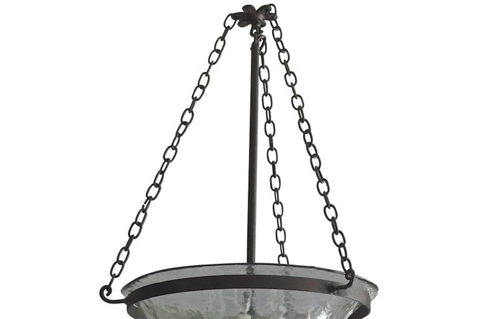 French 19th century bell jar pendant with contemporary iron chain fittings, three-light cluster and frosted glass.