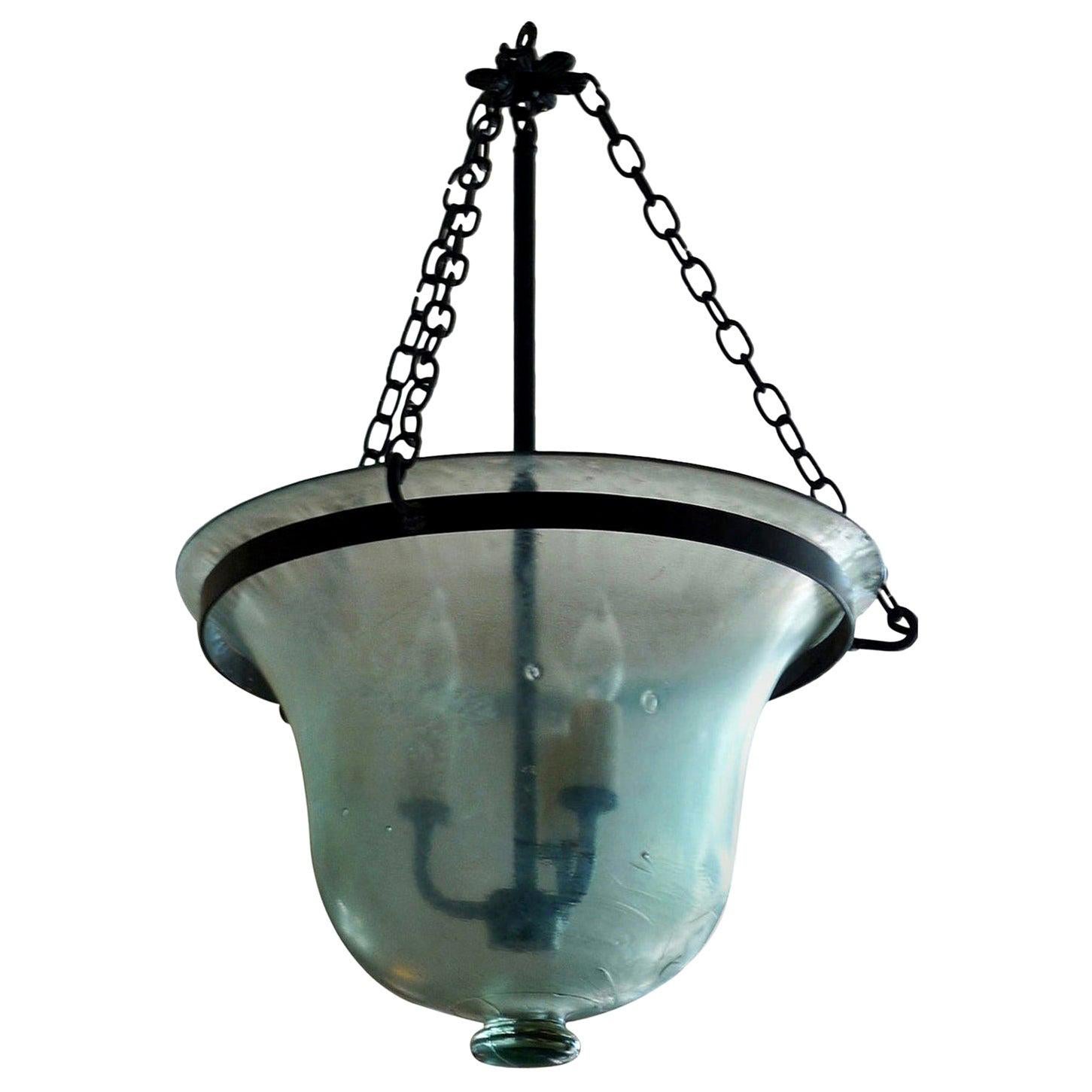 French 19th Century Bell Jar Pendant with Iron Chain Fittings and Frosted Glass