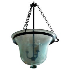 Antique French 19th Century Bell Jar Pendant with Iron Chain Fittings and Frosted Glass