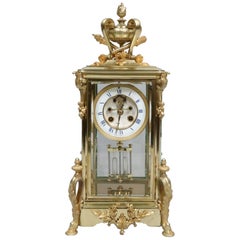Antique French 19th Century Belle Époque Brass Four Glass Mantel Clock