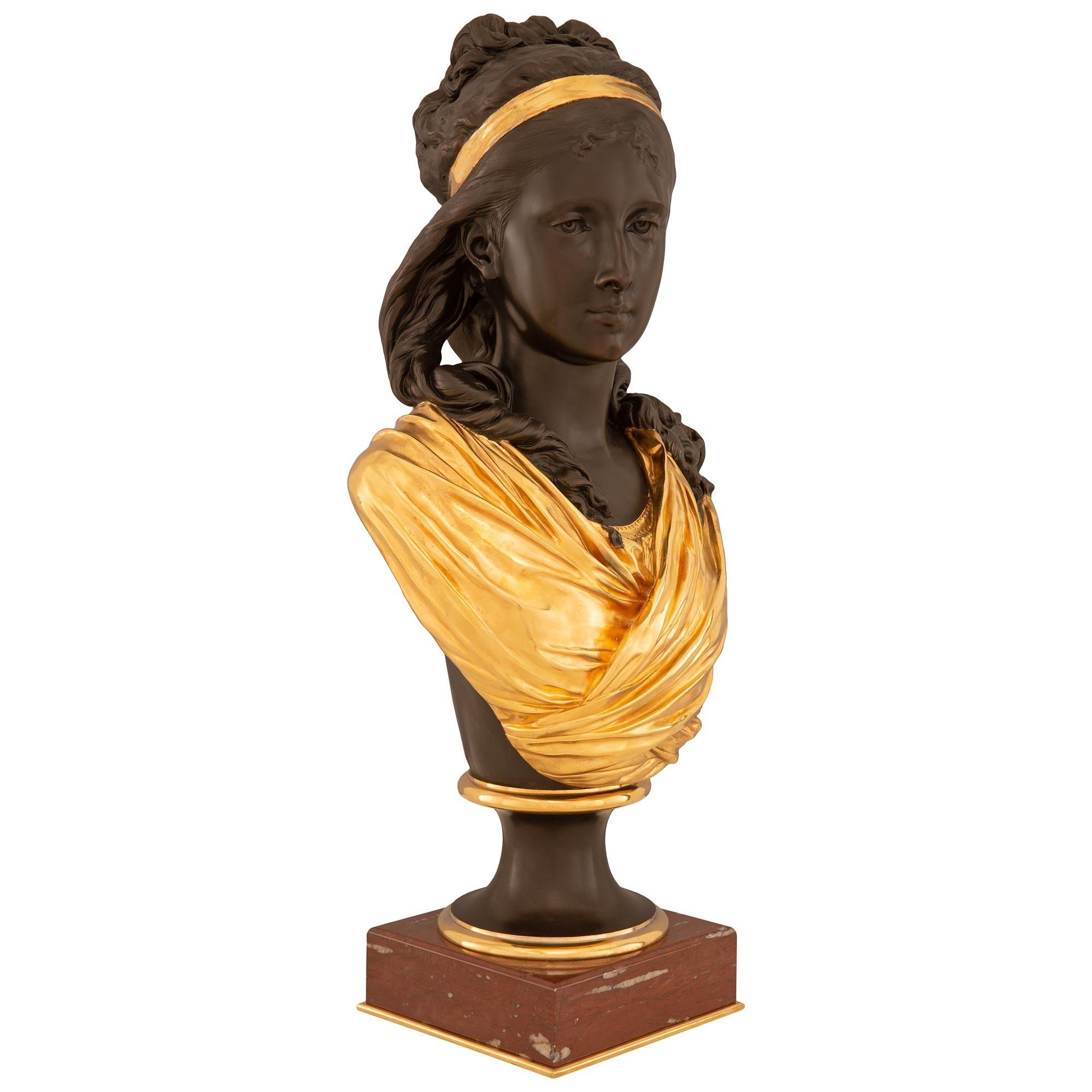 Patinated French 19th Century Belle Époque Period Bronze, Marble, and Ormolu Bust For Sale