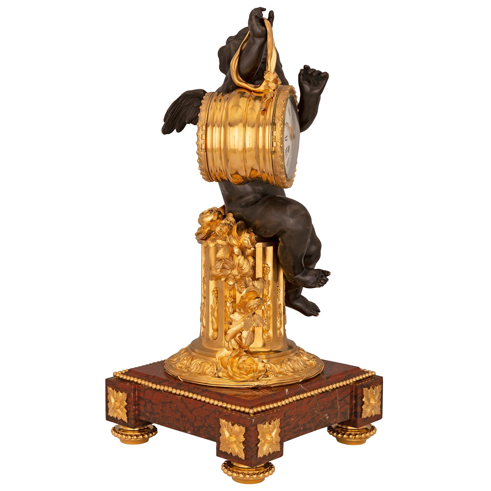 Patinated French 19th Century Belle Époque Period Bronze, Ormolu and Marble Clock For Sale