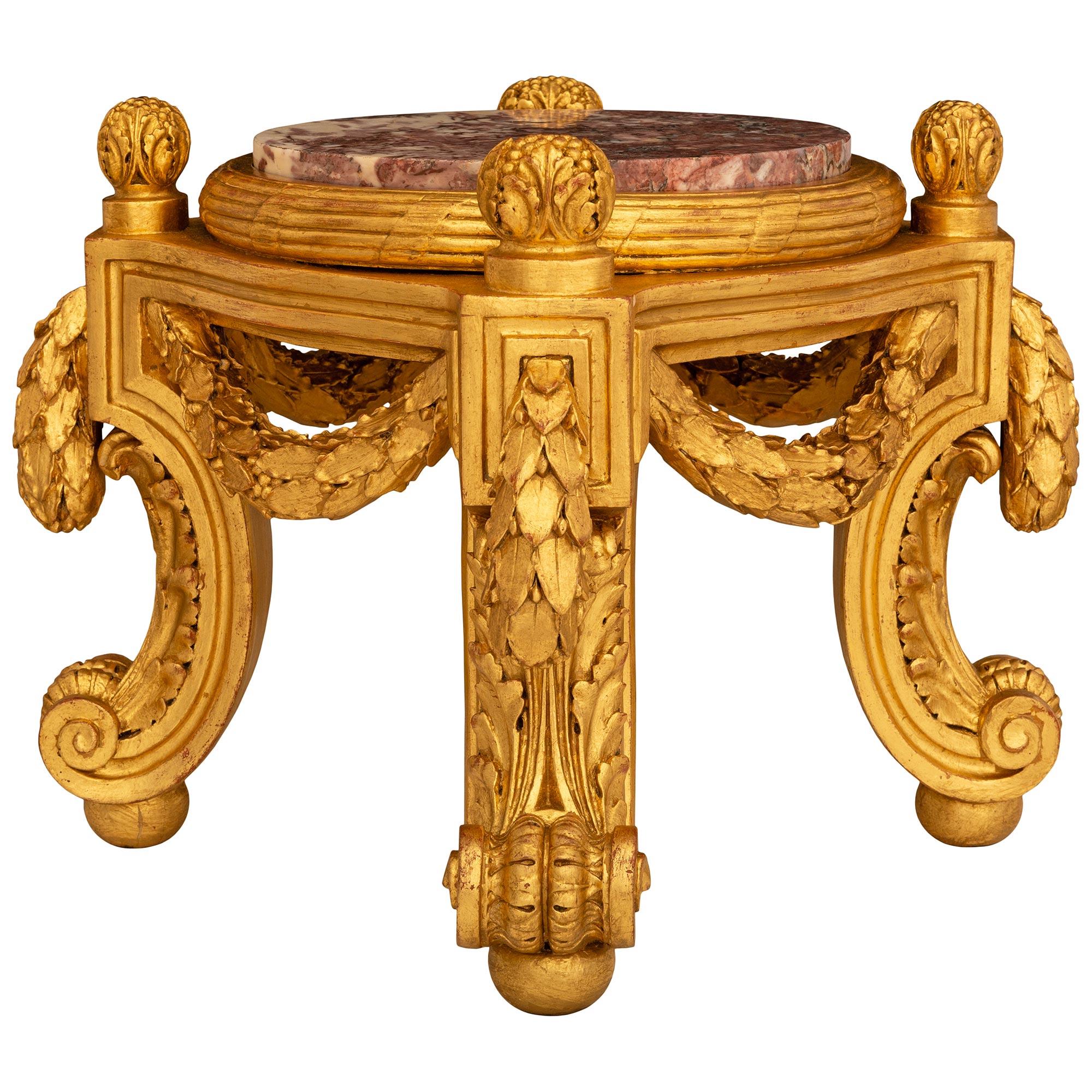 Louis XVI French 19th century Belle Epoque period Giltwood and marble pedestal For Sale