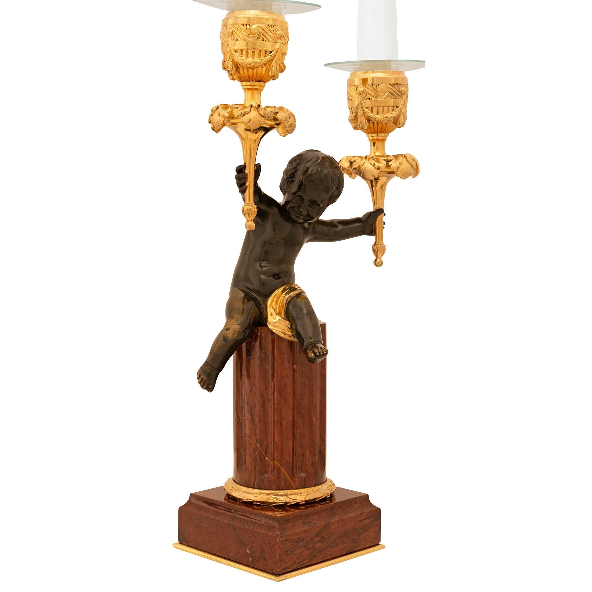 Patinated French 19th century Belle Époque period Louis XVI st. marble, Ormolu candelabras For Sale