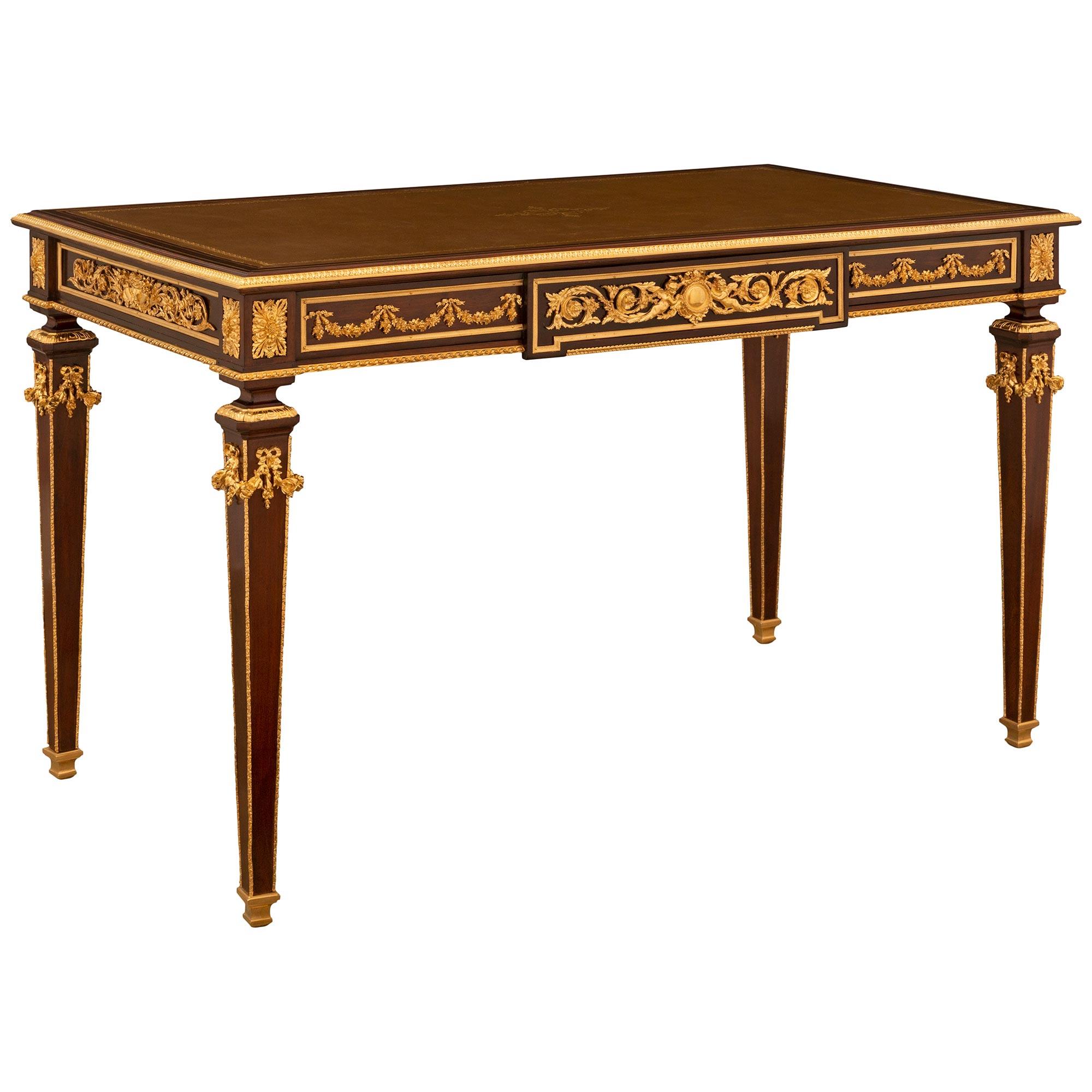 Louis XVI French 19th Century Belle Époque Period Mahogany, Brass and Ormolu Desk For Sale