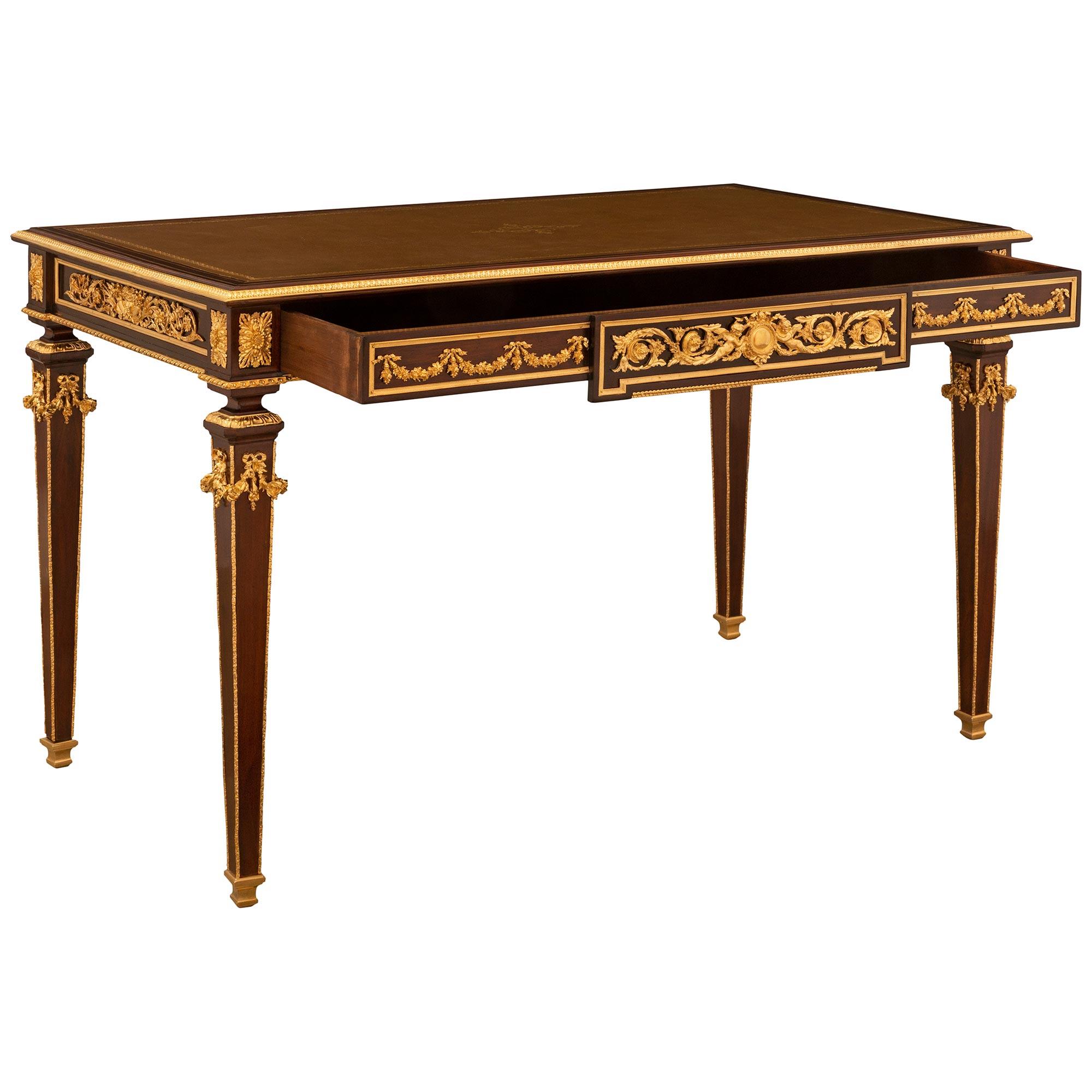 French 19th Century Belle Époque Period Mahogany, Brass and Ormolu Desk In Good Condition For Sale In West Palm Beach, FL