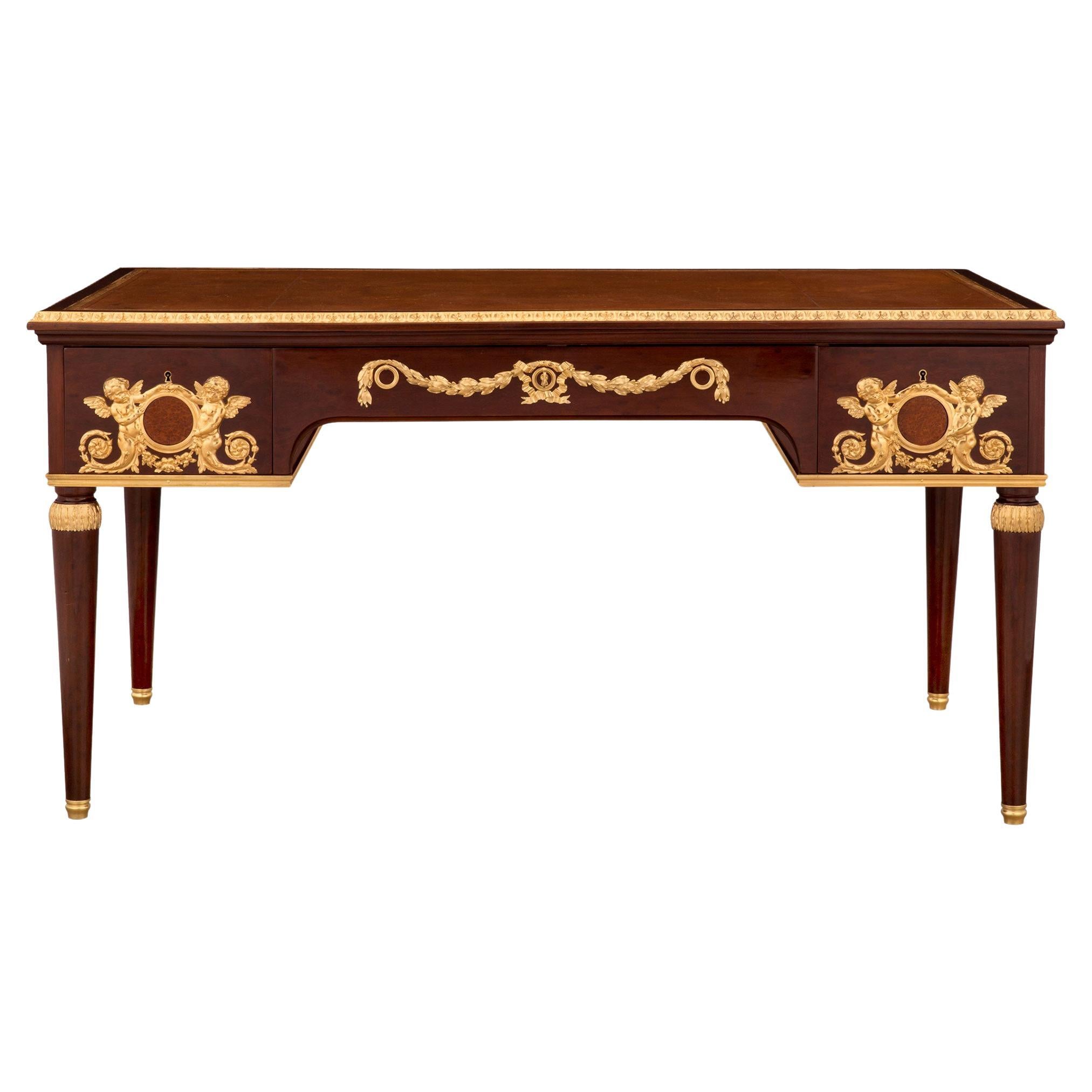 French 19th Century Belle Époque Period Mahogany, Burl Walnut and Ormolu Desk