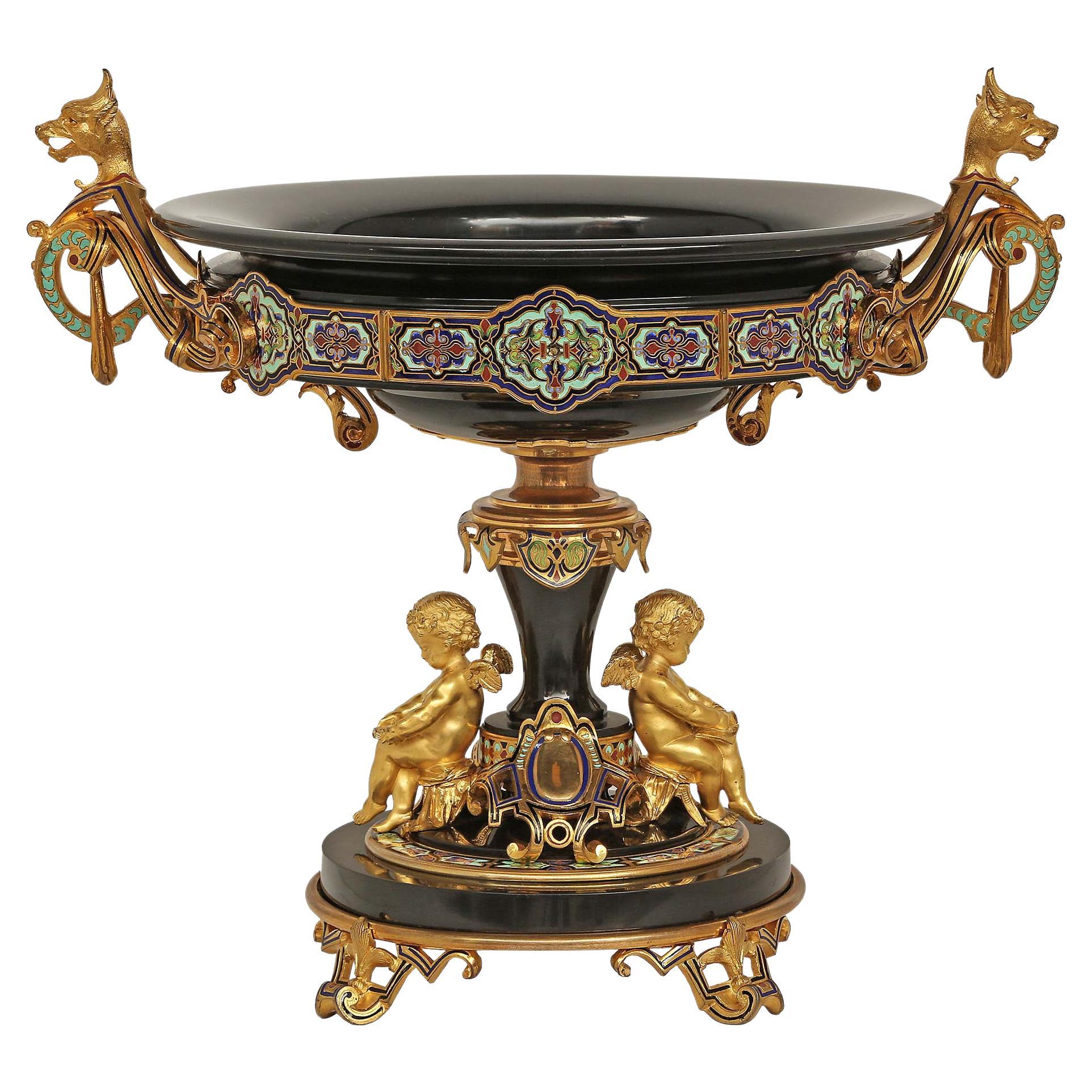 Centre de table français du 19ème siècle de la période Belle Poque en marbre, bronze doré et cloisonné