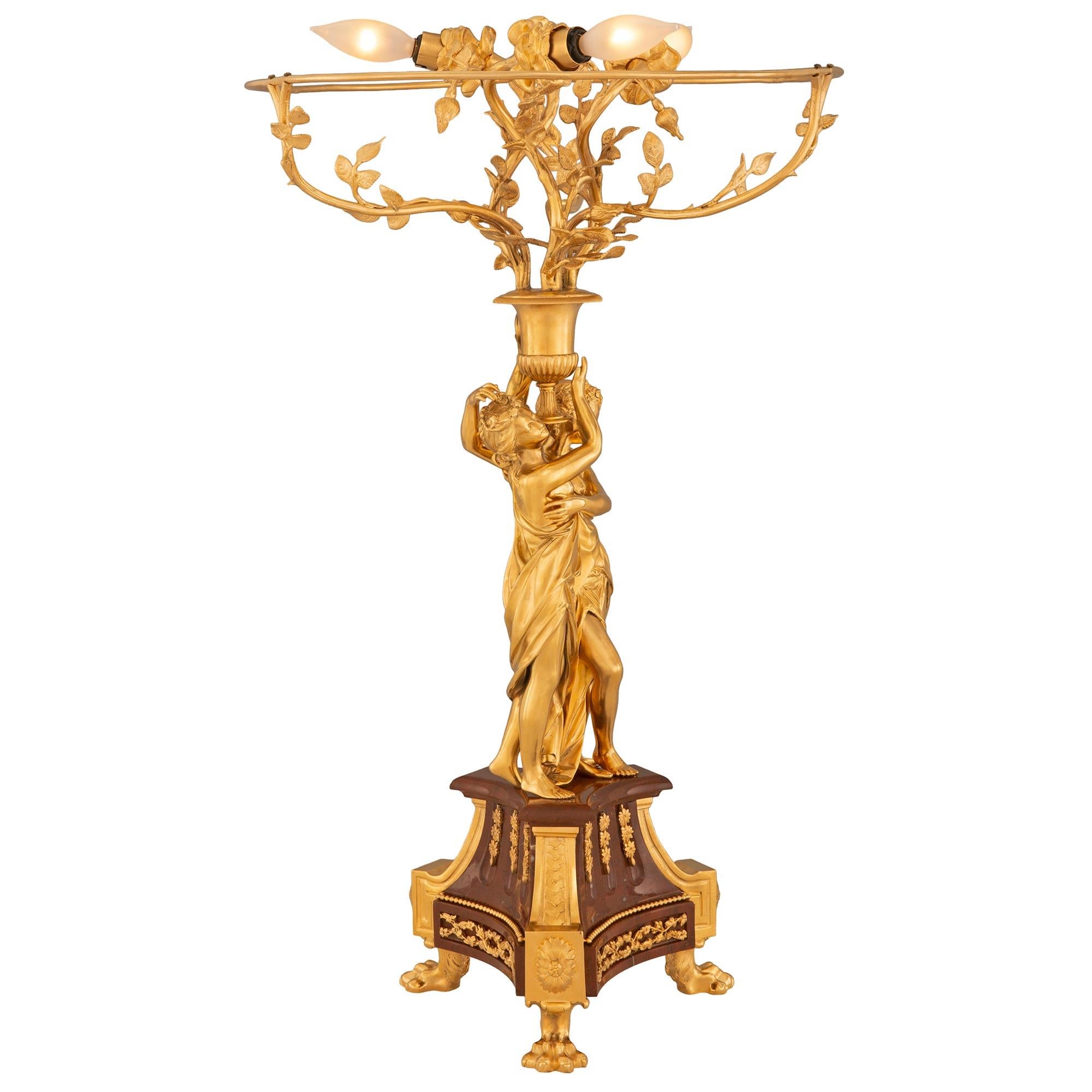 French 19th Century Belle Époque Period Ormolu And Rouge Griotte Marble Lamp In Good Condition For Sale In West Palm Beach, FL
