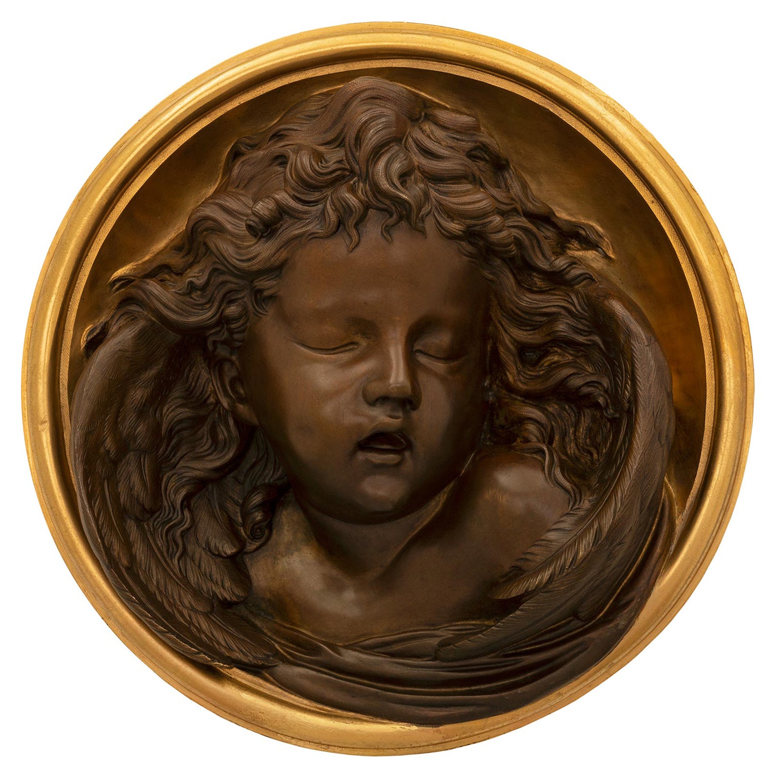 Plaque murale française du 19ème siècle, période Belle Époque, en bronze patiné et ormolu.