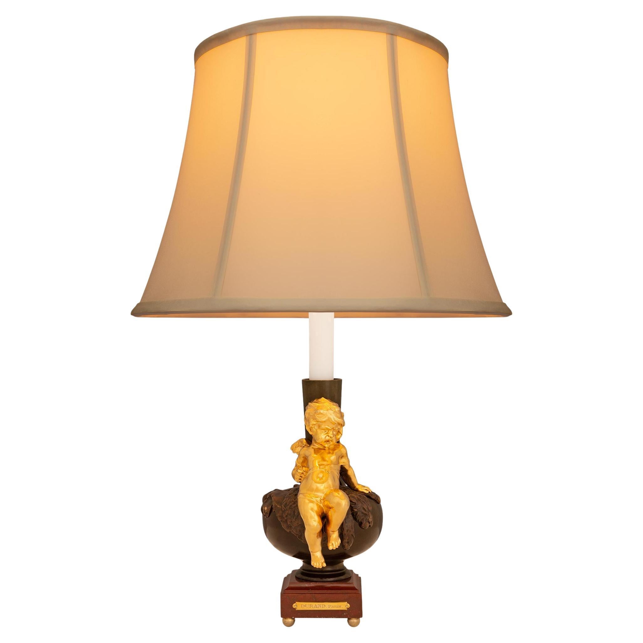 French 19th century Belle Époque period Rouge Griotte marble Bronze Ormolu lamp
