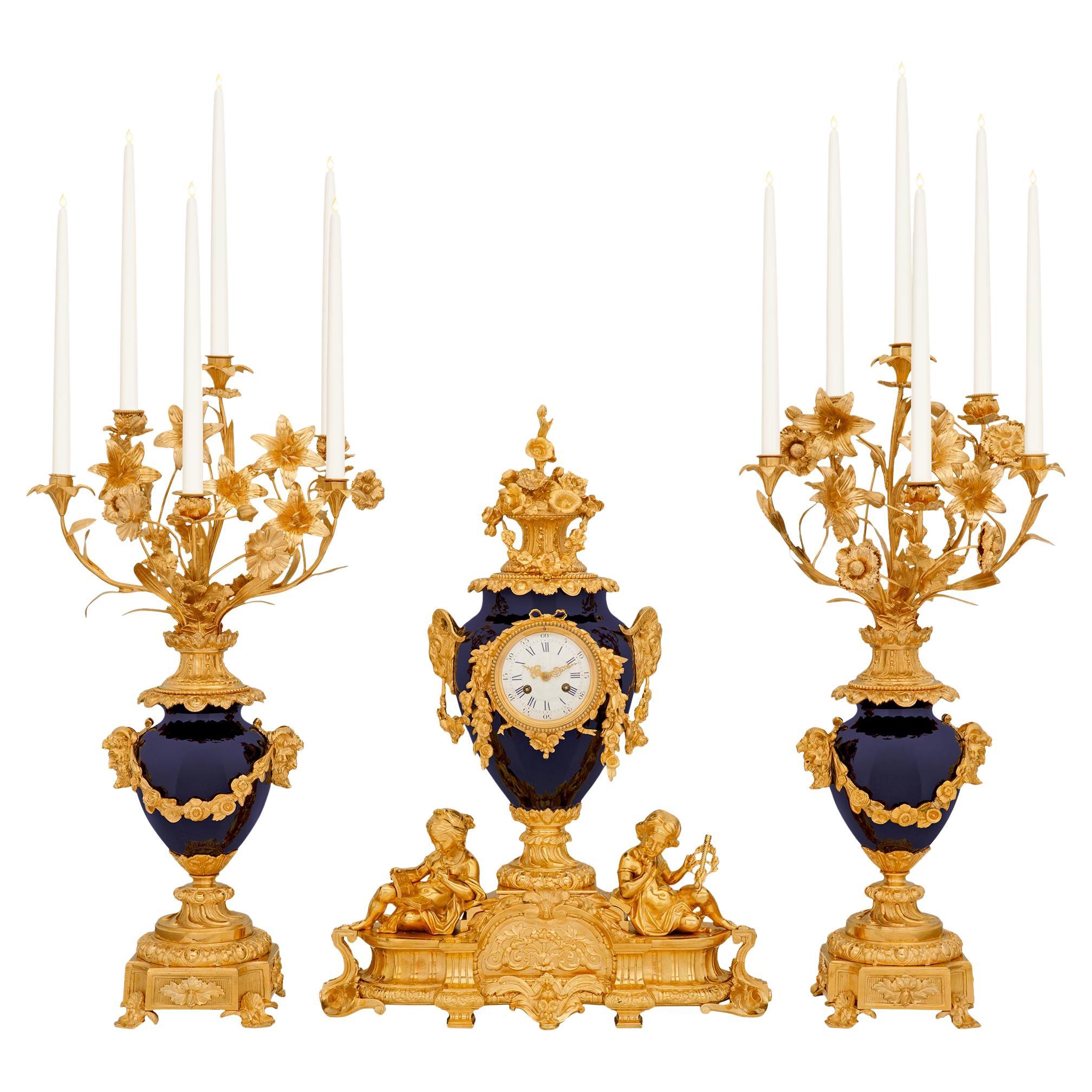 French 19th century Belle Epoque Period Sévres Porcelain and Ormolu clock set For Sale