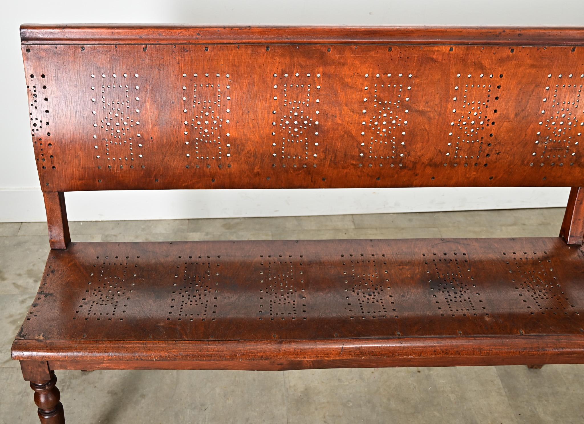 Carved French 19th Century Bentwood Bench with Pierced Back For Sale