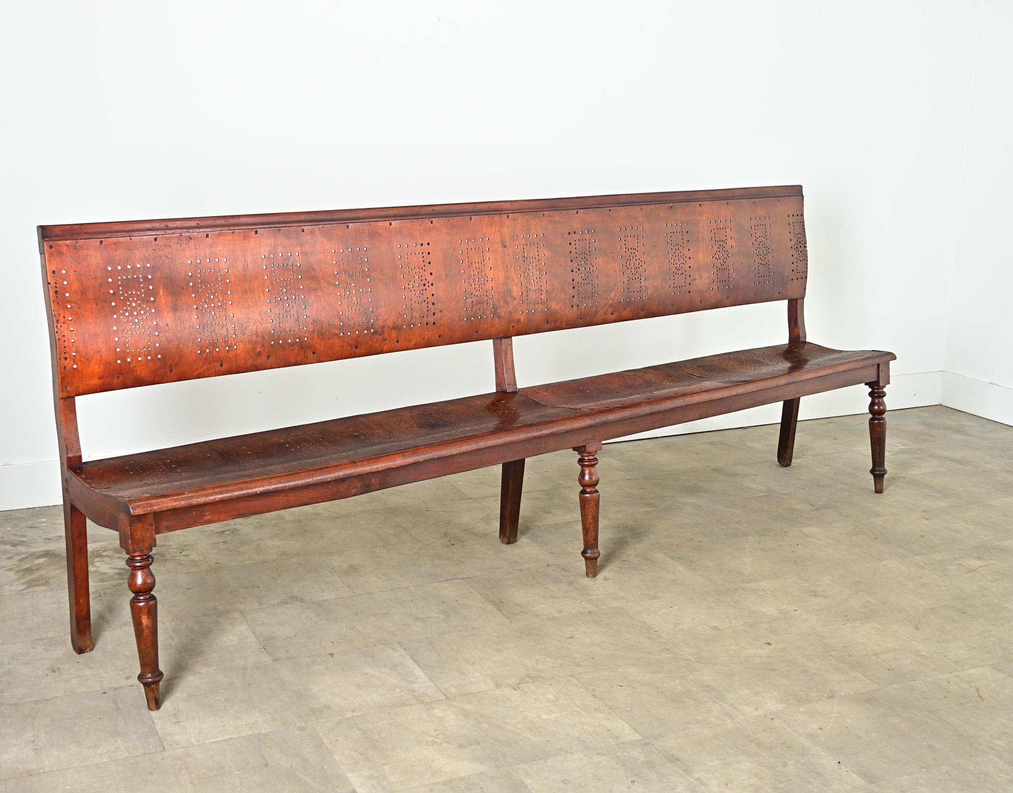 Leather French 19th Century Bentwood Bench with Pierced Back For Sale