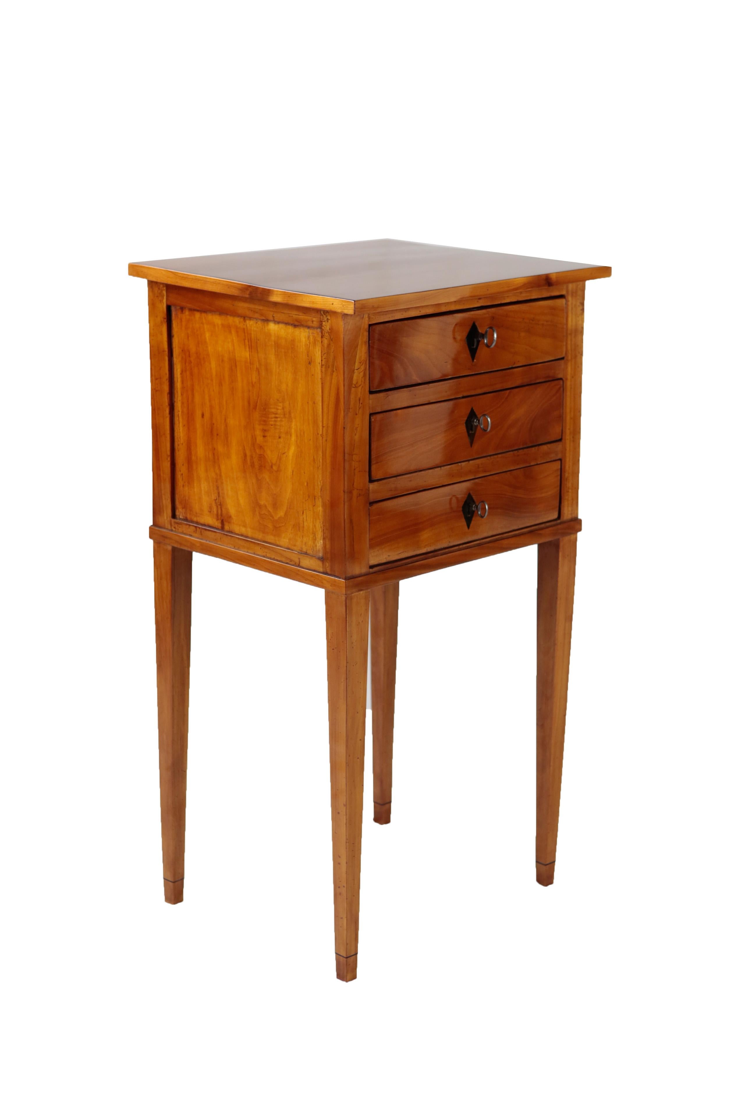 Polished French 19th Century Biedermeier Period Side Table, Solid Cherrywood, 3 Drawers For Sale