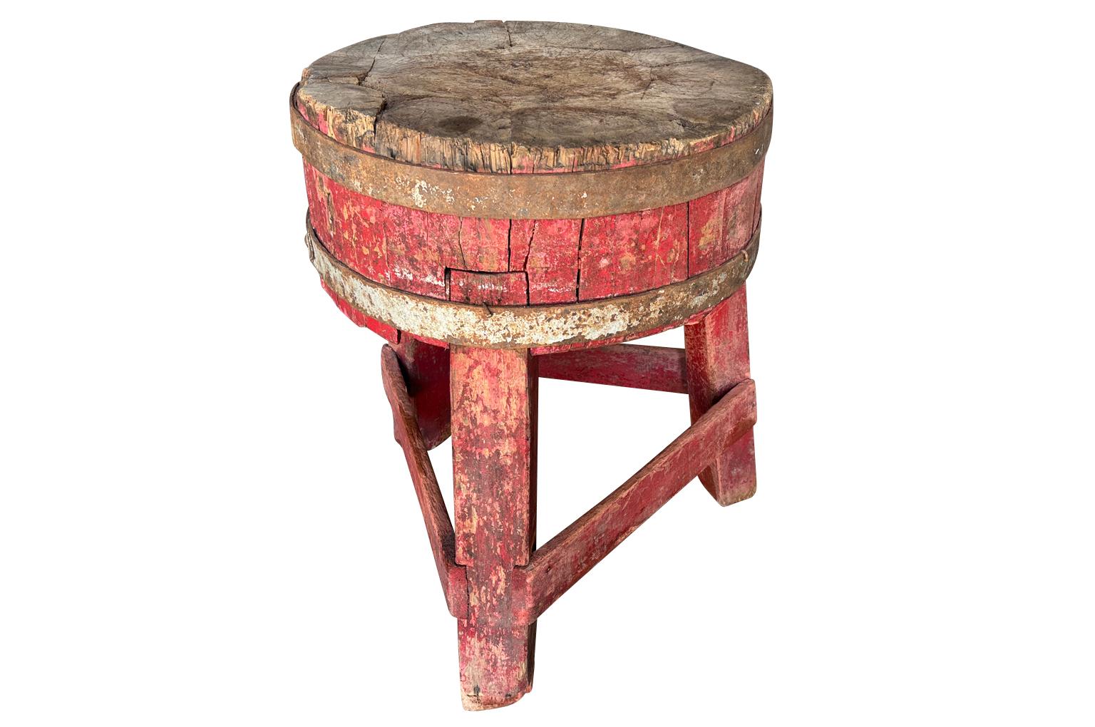 A terrific mid-19th century Billot - Chopping Block from the Provence region of France in painted oak & pine  Perfect as a serving table in a wine cellar or small island.  