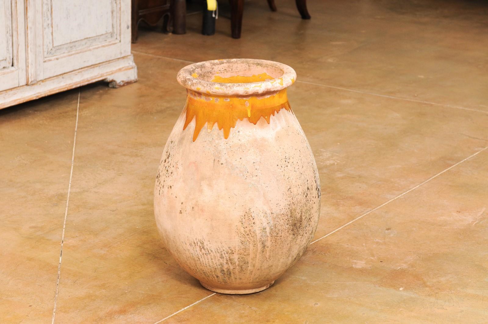 French Provincial French 19th Century Biot Pottery Jar with Yellow Glaze and Dripping Effect For Sale