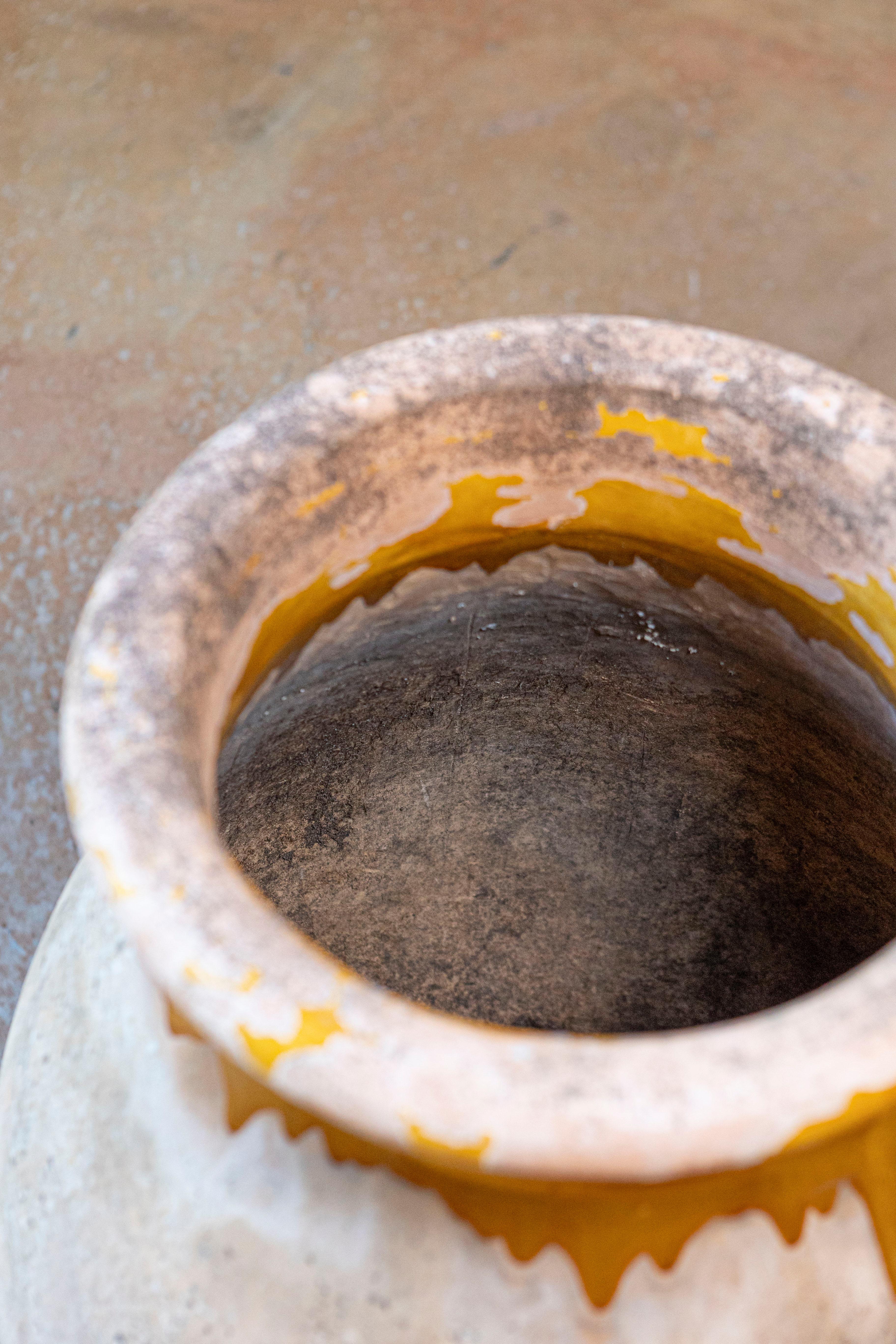 French Provincial French 19th Century Biot Pottery Jar with Yellow Glaze and Dripping Effect