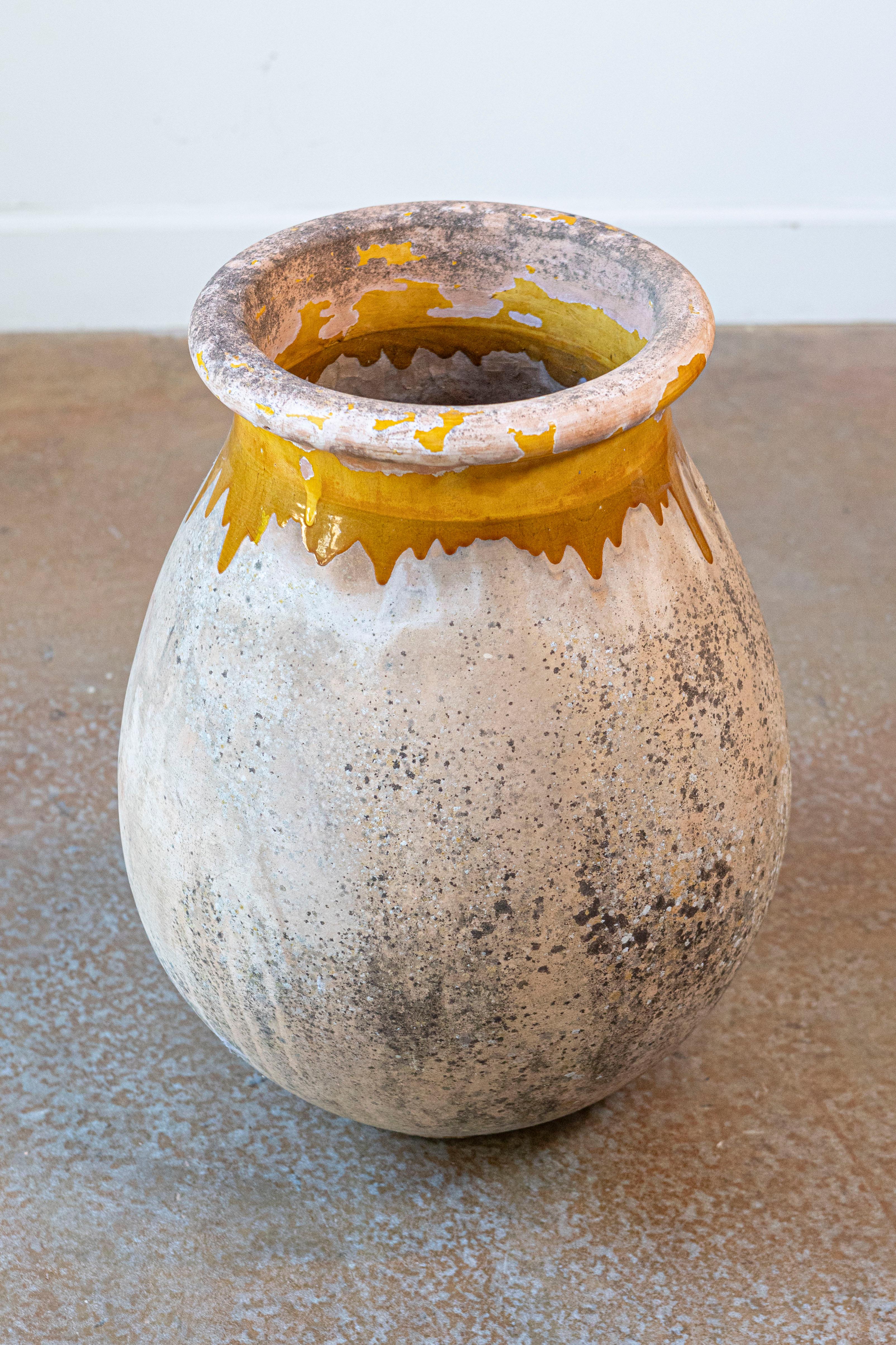 Glazed French 19th Century Biot Pottery Jar with Yellow Glaze and Dripping Effect