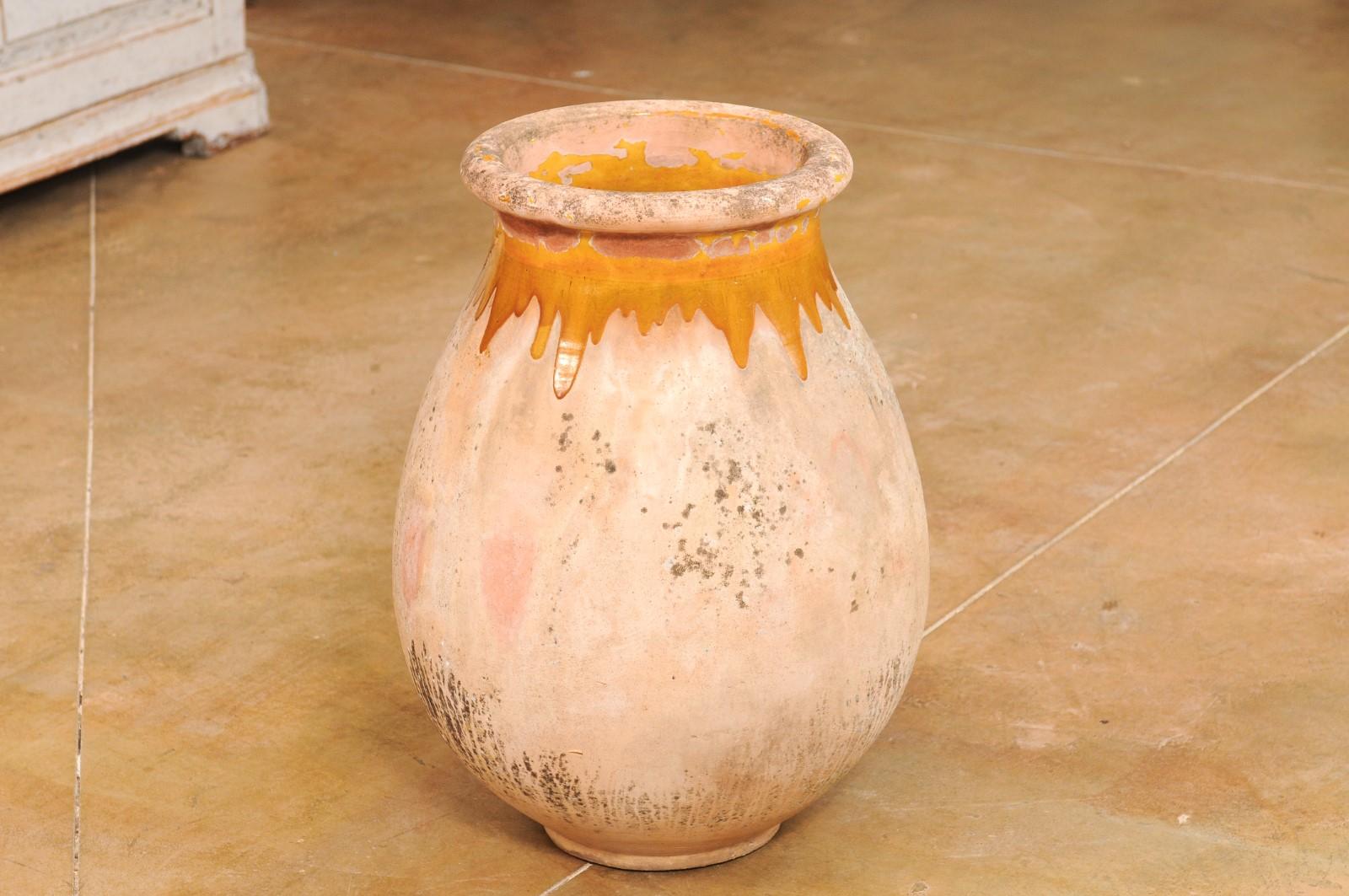 French 19th Century Biot Pottery Jar with Yellow Glaze and Dripping Effect For Sale 1