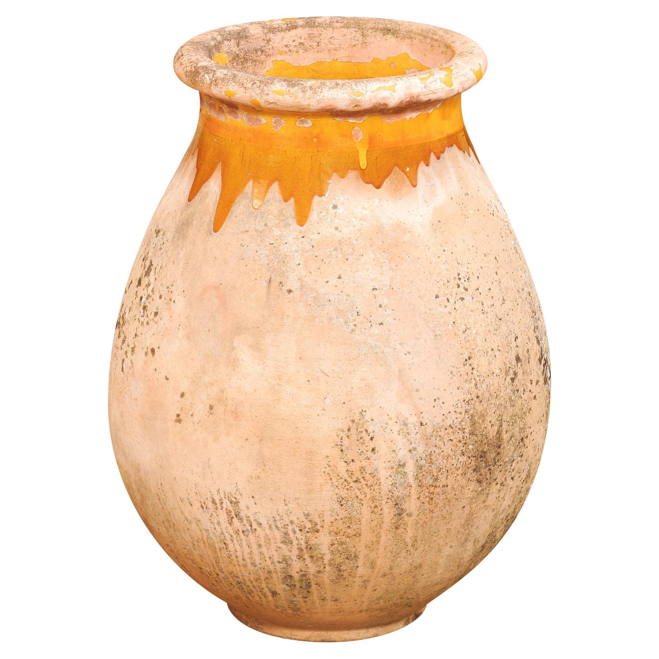 French 19th Century Biot Pottery Jar with Yellow Glaze and Dripping Effect For Sale