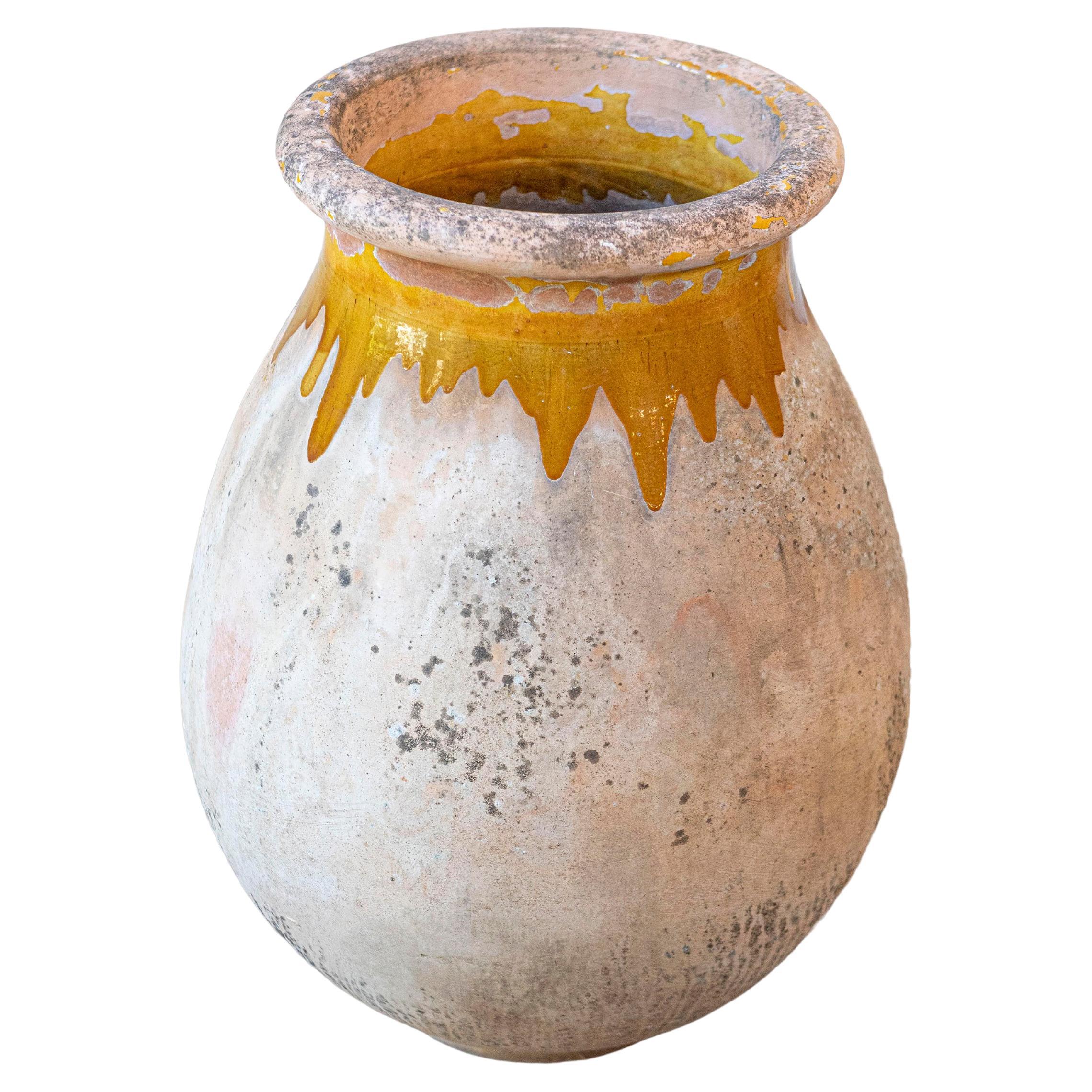 French 19th Century Biot Pottery Jar with Yellow Glaze and Dripping Effect
