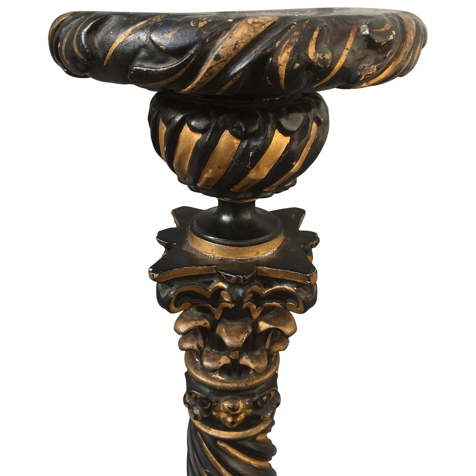 French 19th Century Black And Gilded Twisted Baroque Style Pedestal
