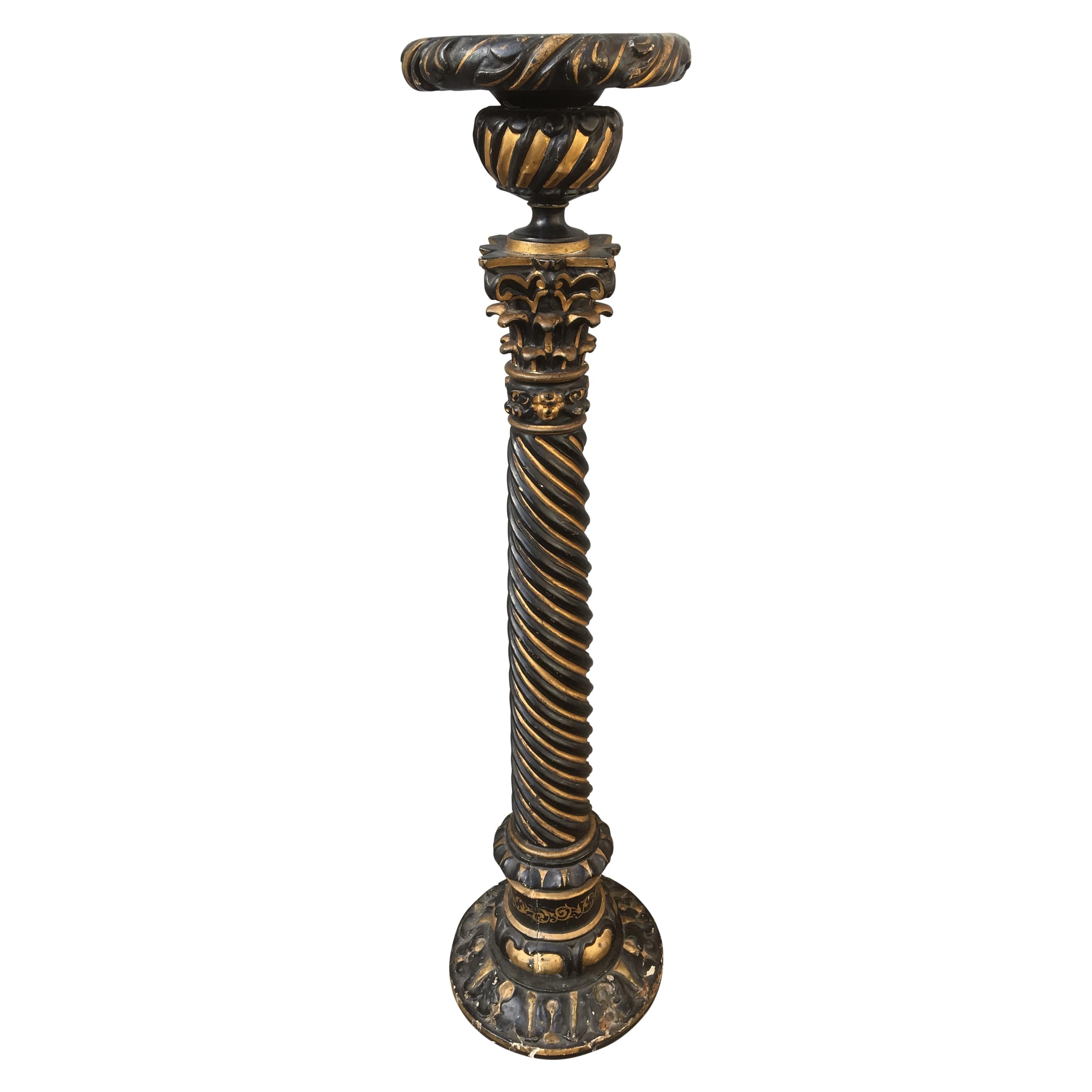 French 19th Century Black And Gilded Twisted Baroque Style Pedestal For Sale