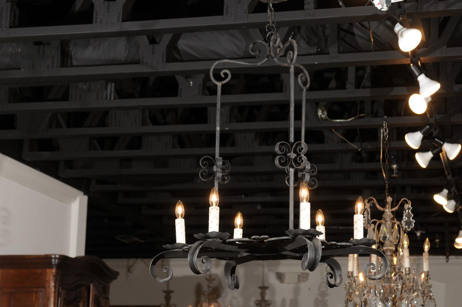 French 19th Century Black Iron Six-Light Chandelier with Scrolled Motifs In Good Condition For Sale In Atlanta, GA