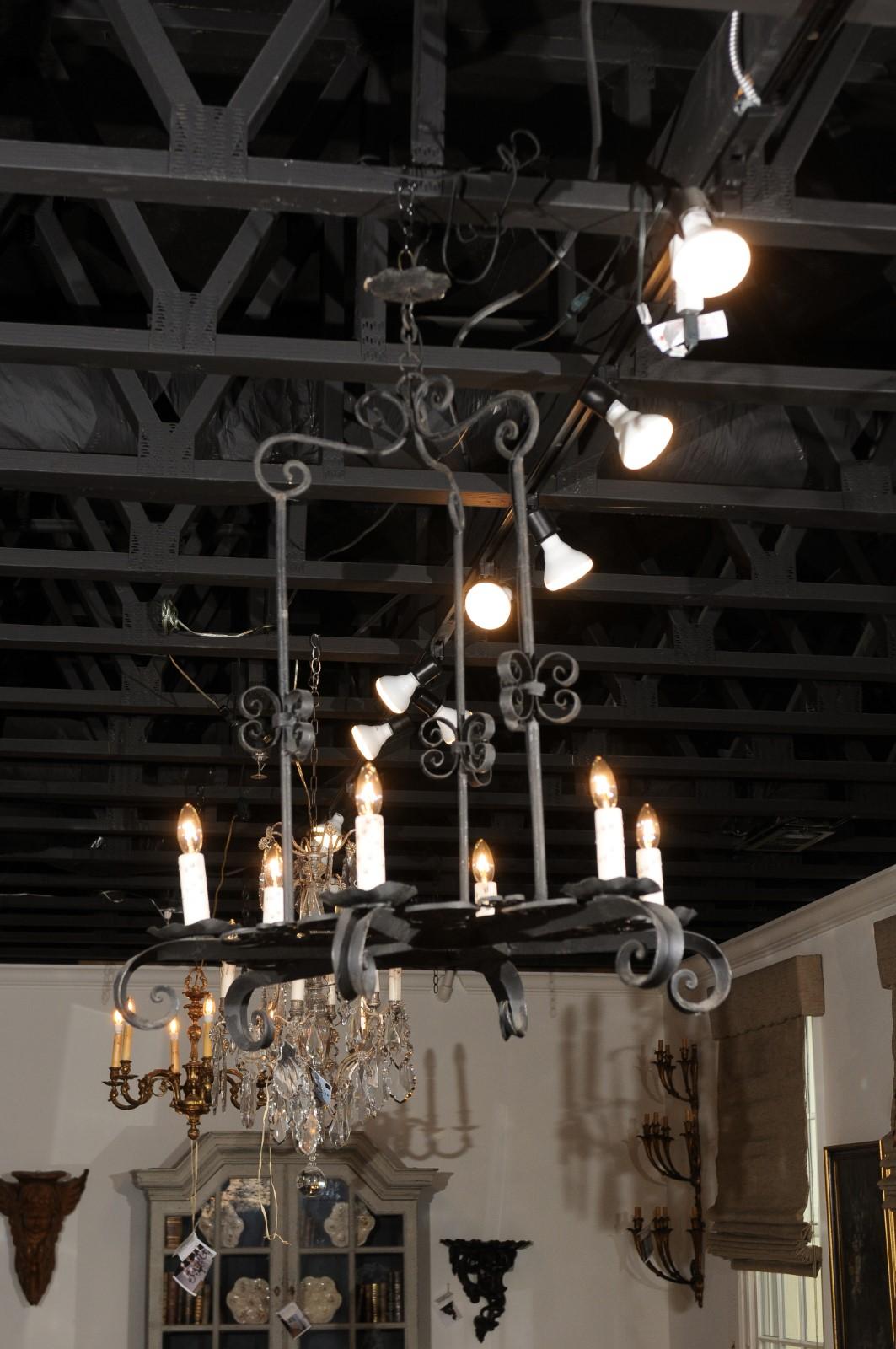 French 19th Century Black Iron Six-Light Chandelier with Scrolled Motifs For Sale 3