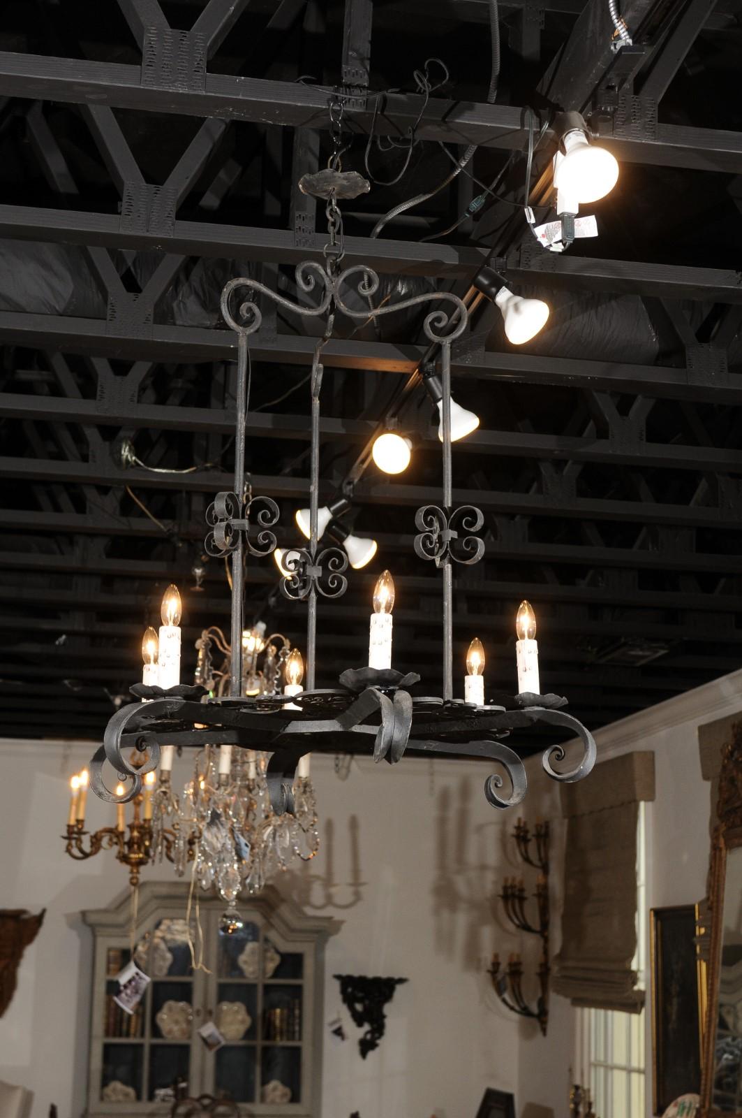 French 19th Century Black Iron Six-Light Chandelier with Scrolled Motifs For Sale 4