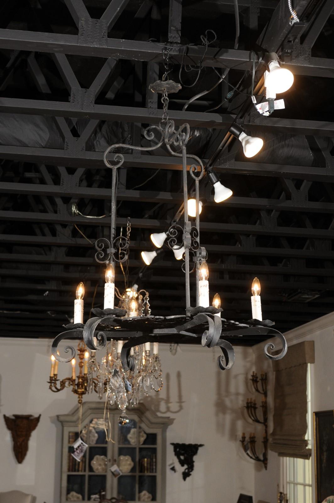 French 19th Century Black Iron Six-Light Chandelier with Scrolled Motifs For Sale 5