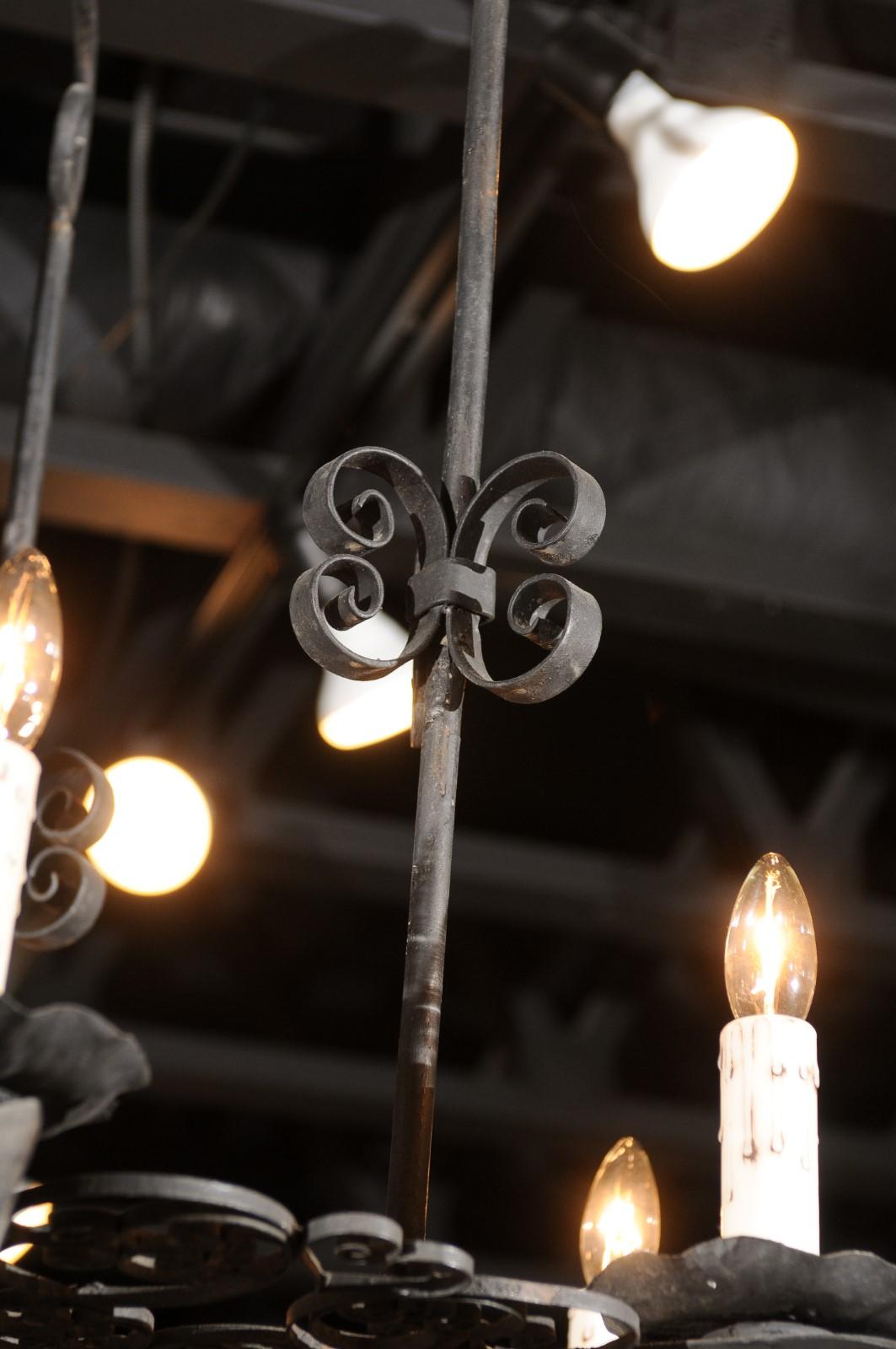 French 19th Century Black Iron Six-Light Chandelier with Scrolled Motifs For Sale 6