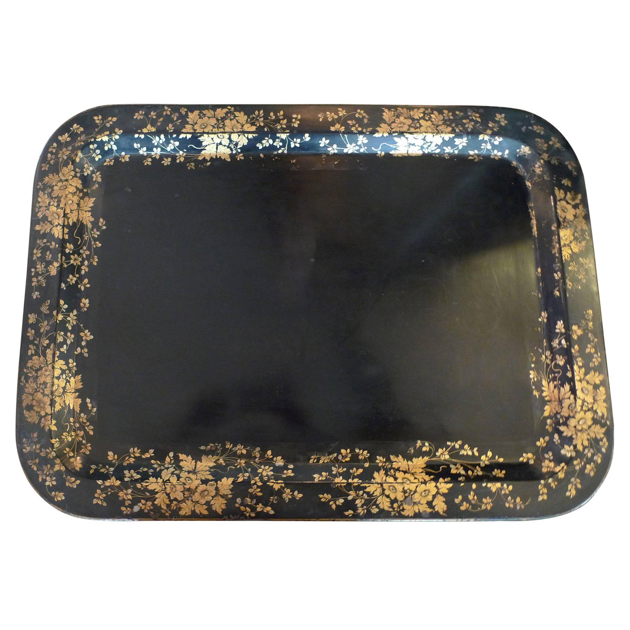 French 19th Century Black Toile Tray with Gold Decorative Painted Surround