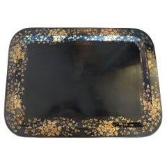 French 19th Century Black Toile Tray with Gold Decorative Painted Surround