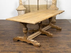 French 19th Century Bleached Oak Farm Table with Trestle Base and Baluster Legs