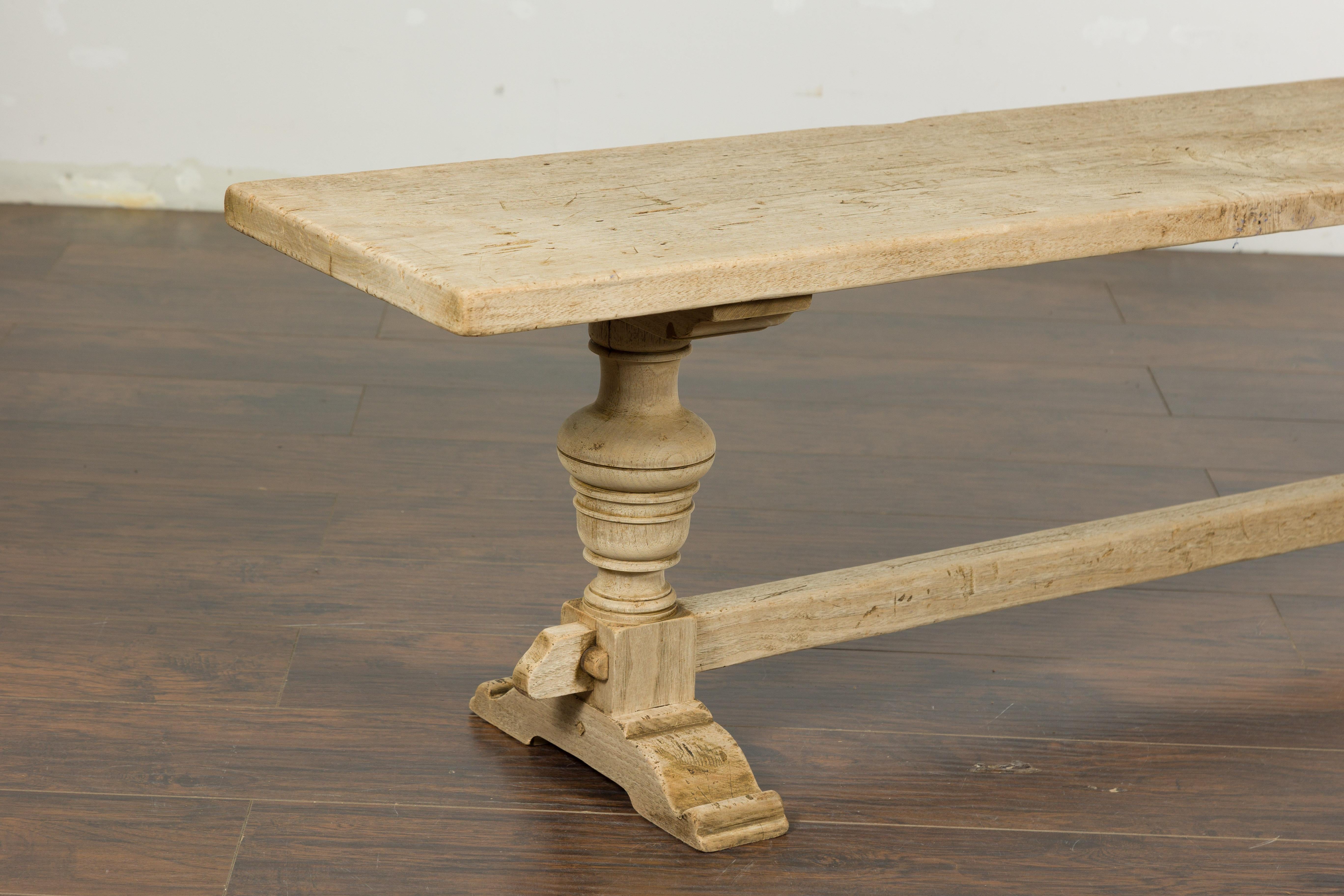 French 19th Century Bleached Walnut Bench with Turned Legs and Cross Stretcher For Sale 7