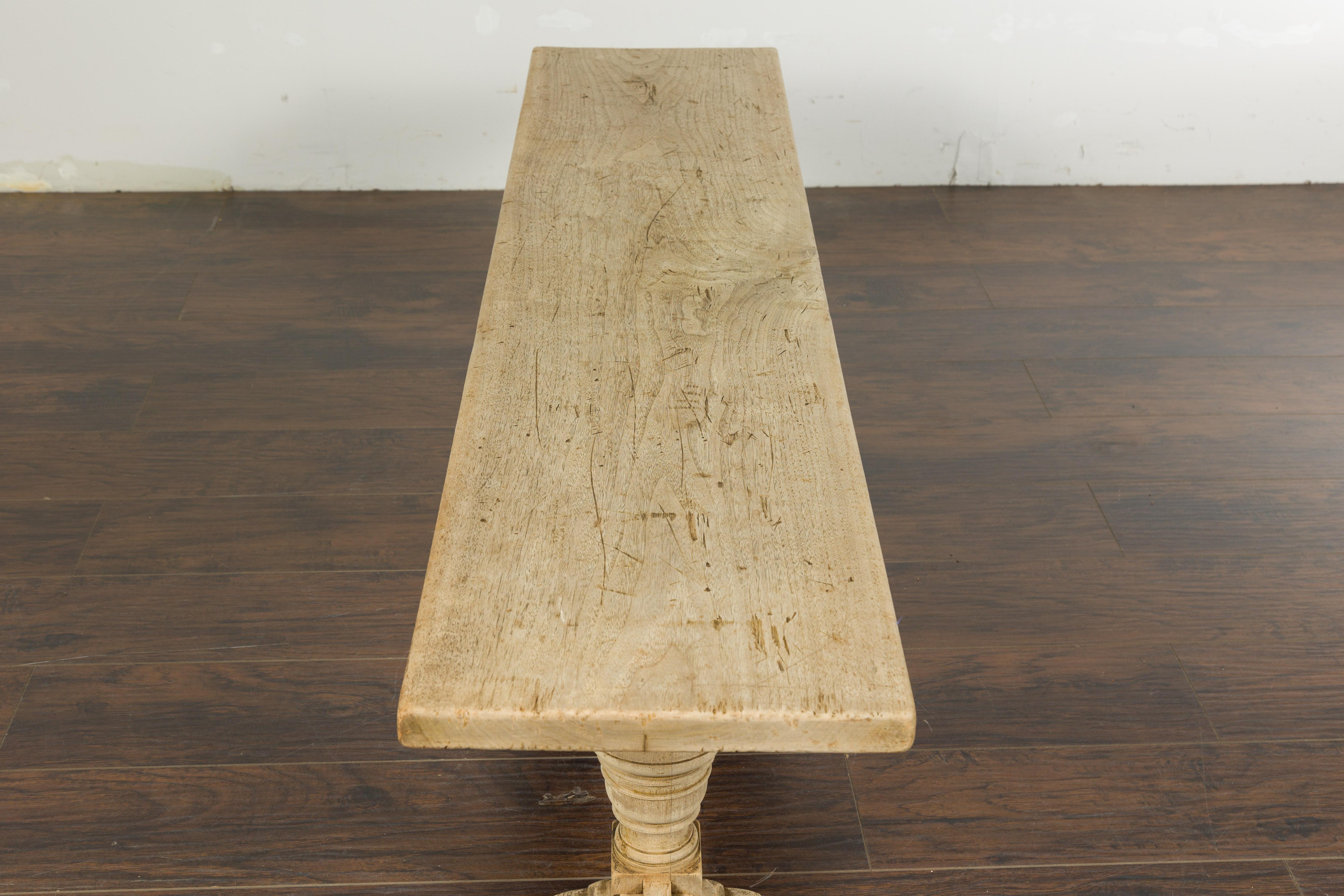 French 19th Century Bleached Walnut Bench with Turned Legs and Cross Stretcher For Sale 9