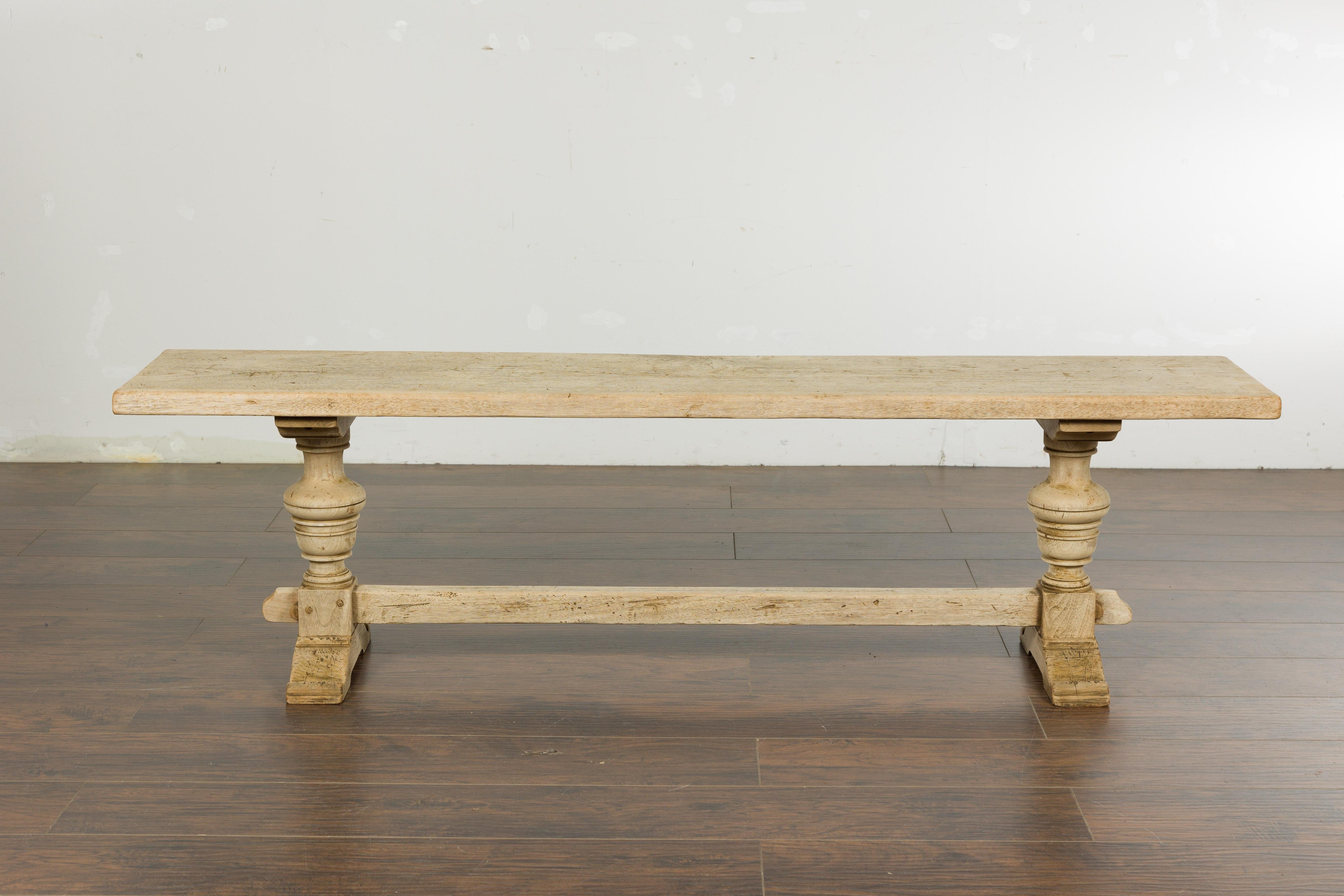 French 19th Century Bleached Walnut Bench with Turned Legs and Cross Stretcher For Sale 12