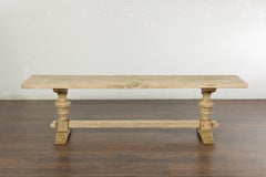 French 19th Century Bleached Walnut Bench with Turned Legs and Cross Stretcher
