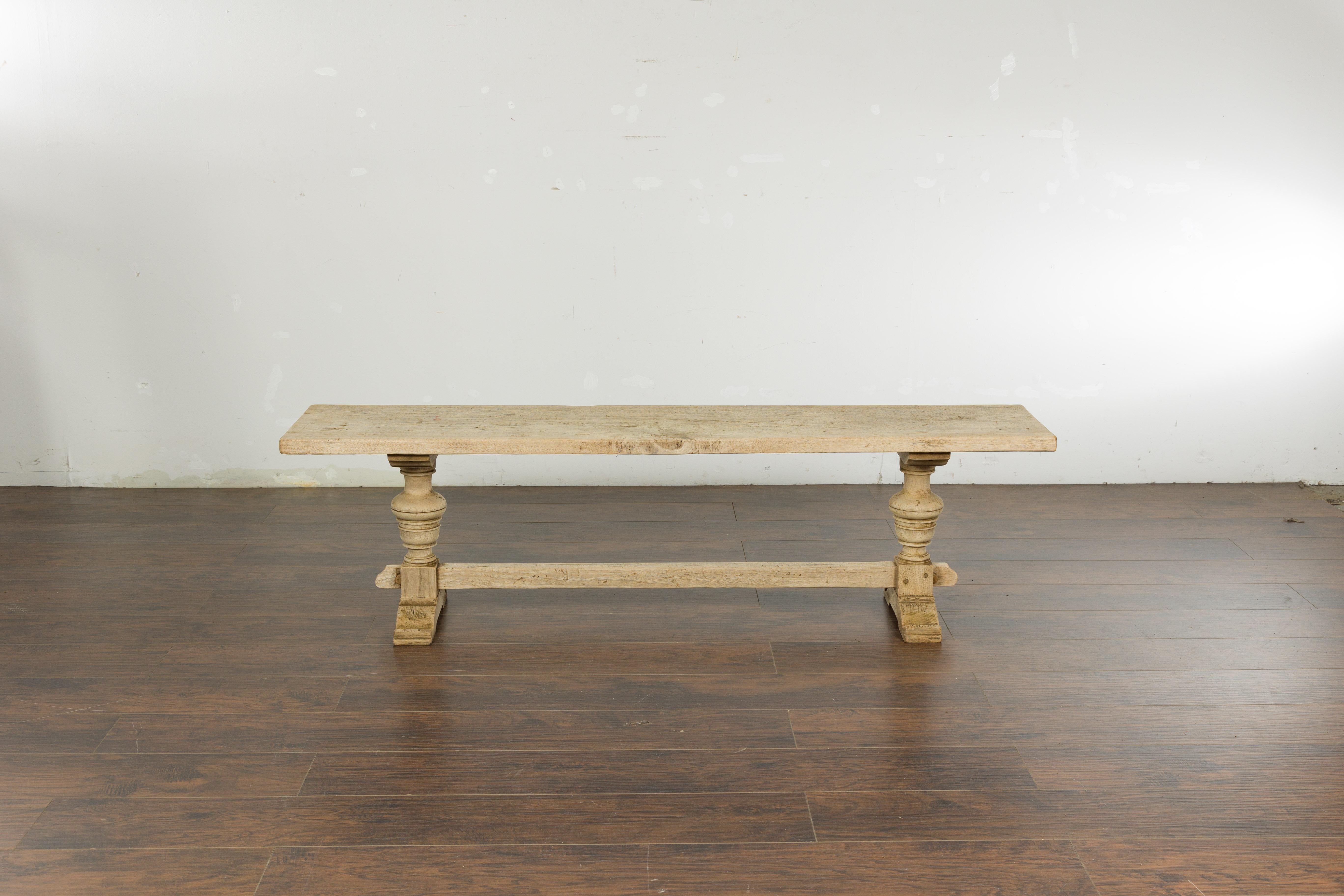 French 19th Century Bleached Walnut Bench with Turned Legs and Cross Stretcher For Sale 1