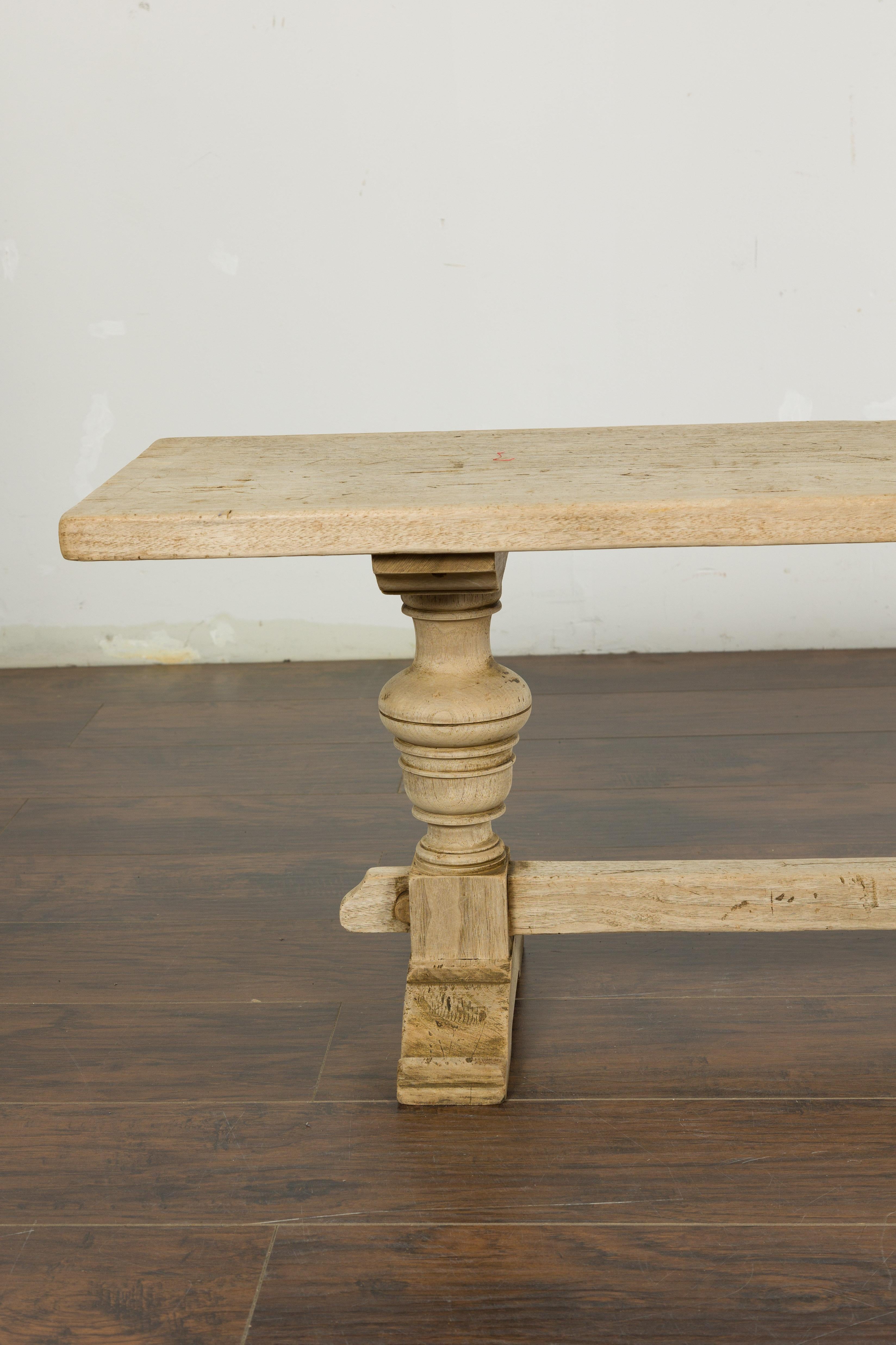 French 19th Century Bleached Walnut Bench with Turned Legs and Cross Stretcher For Sale 2