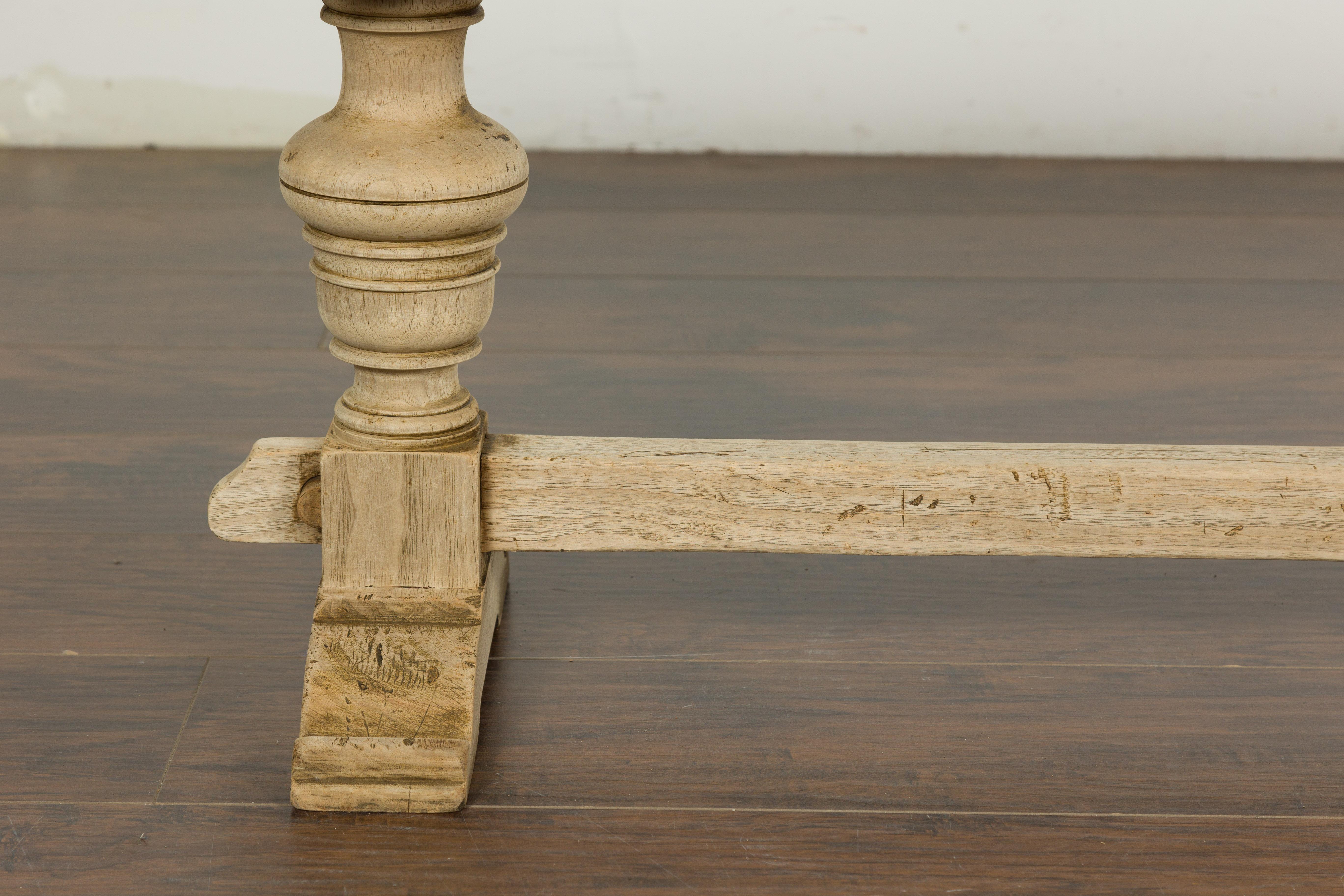 French 19th Century Bleached Walnut Bench with Turned Legs and Cross Stretcher For Sale 4