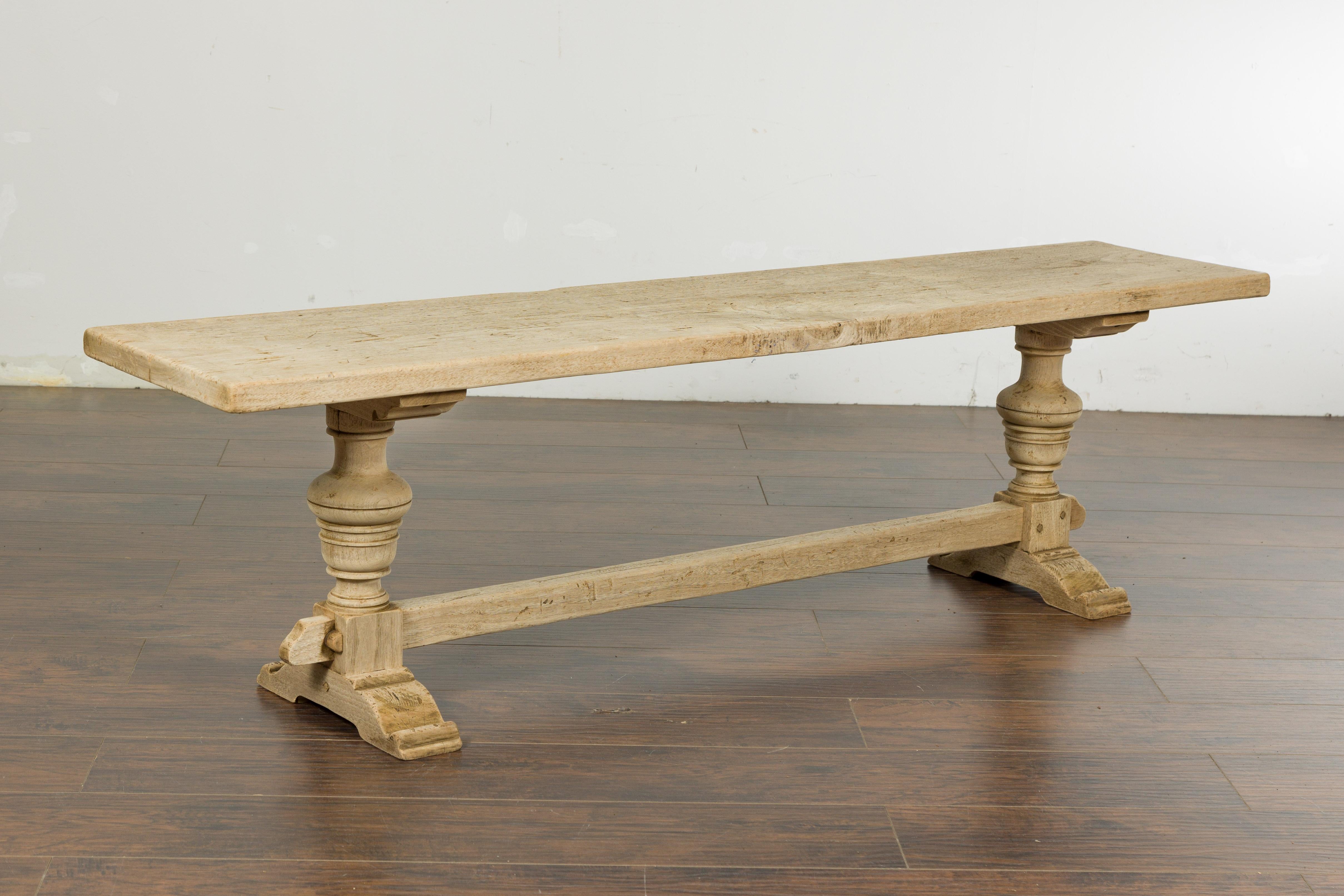 French 19th Century Bleached Walnut Bench with Turned Legs and Cross Stretcher For Sale 6